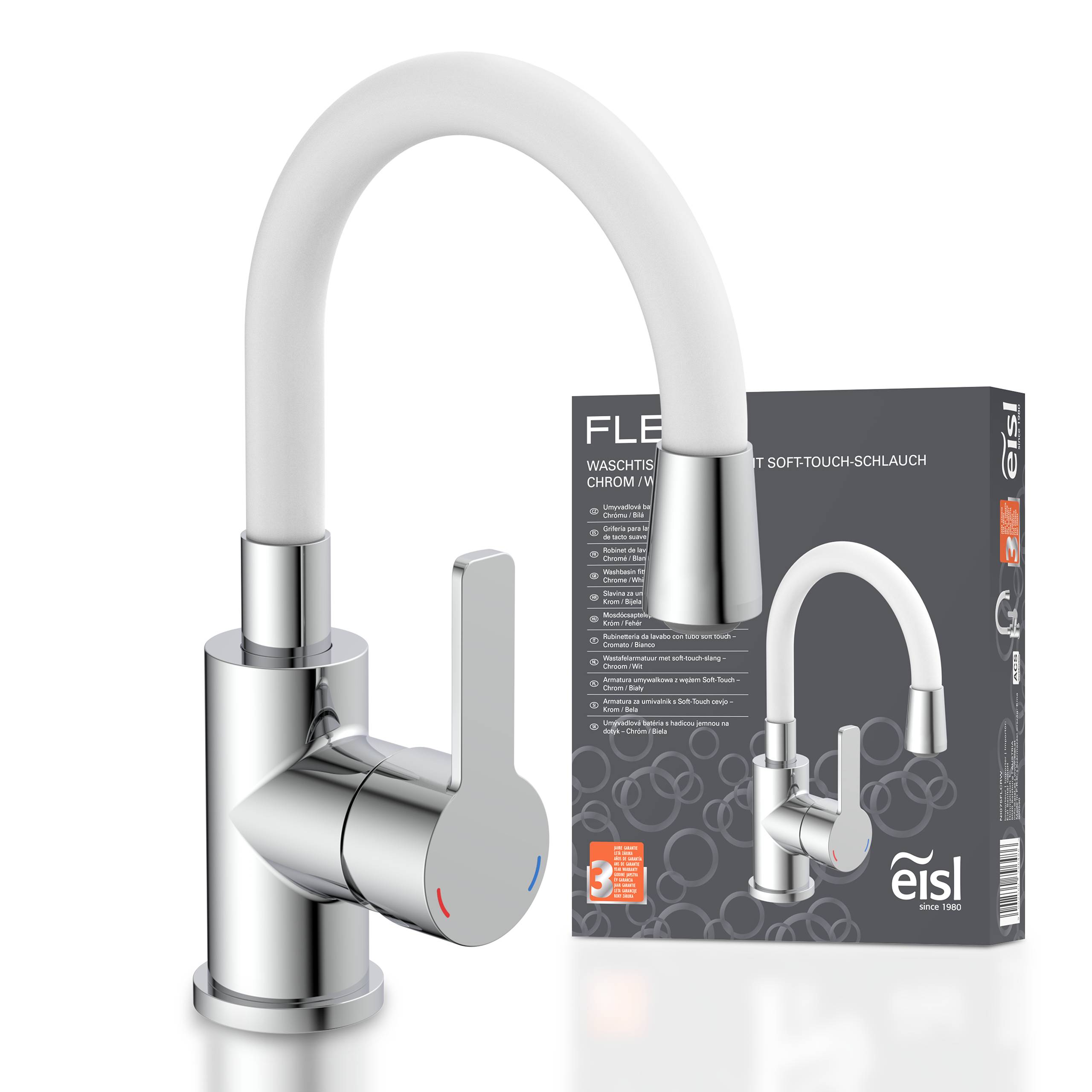 Ein verchromter Badezimmerhahn mit weißem Hals wird neben seiner Verpackungsbox gezeigt, die das gleiche Hahnbild zeigt.