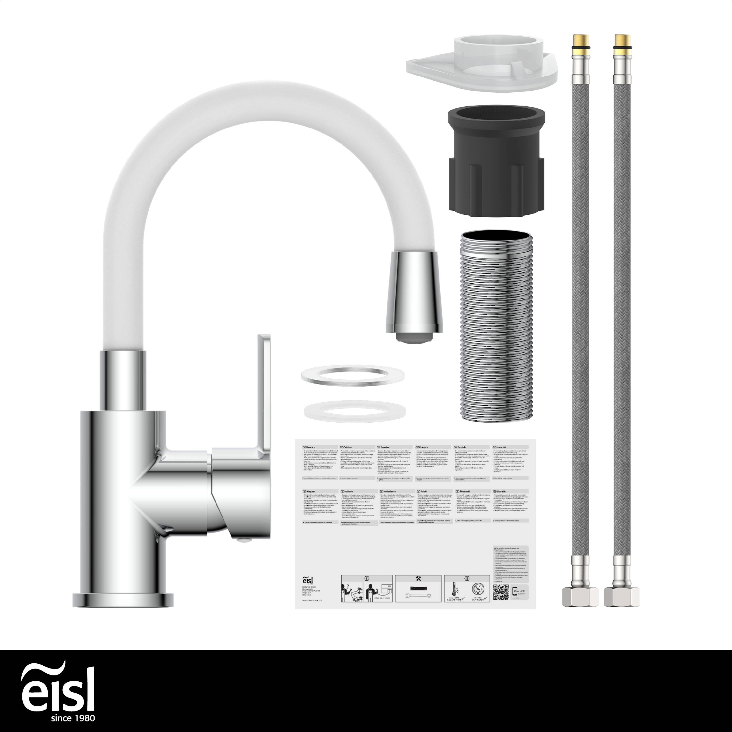 FLEXO Waschtischarmatur, Chrom/Weiß, mit flexiblem Auslauf