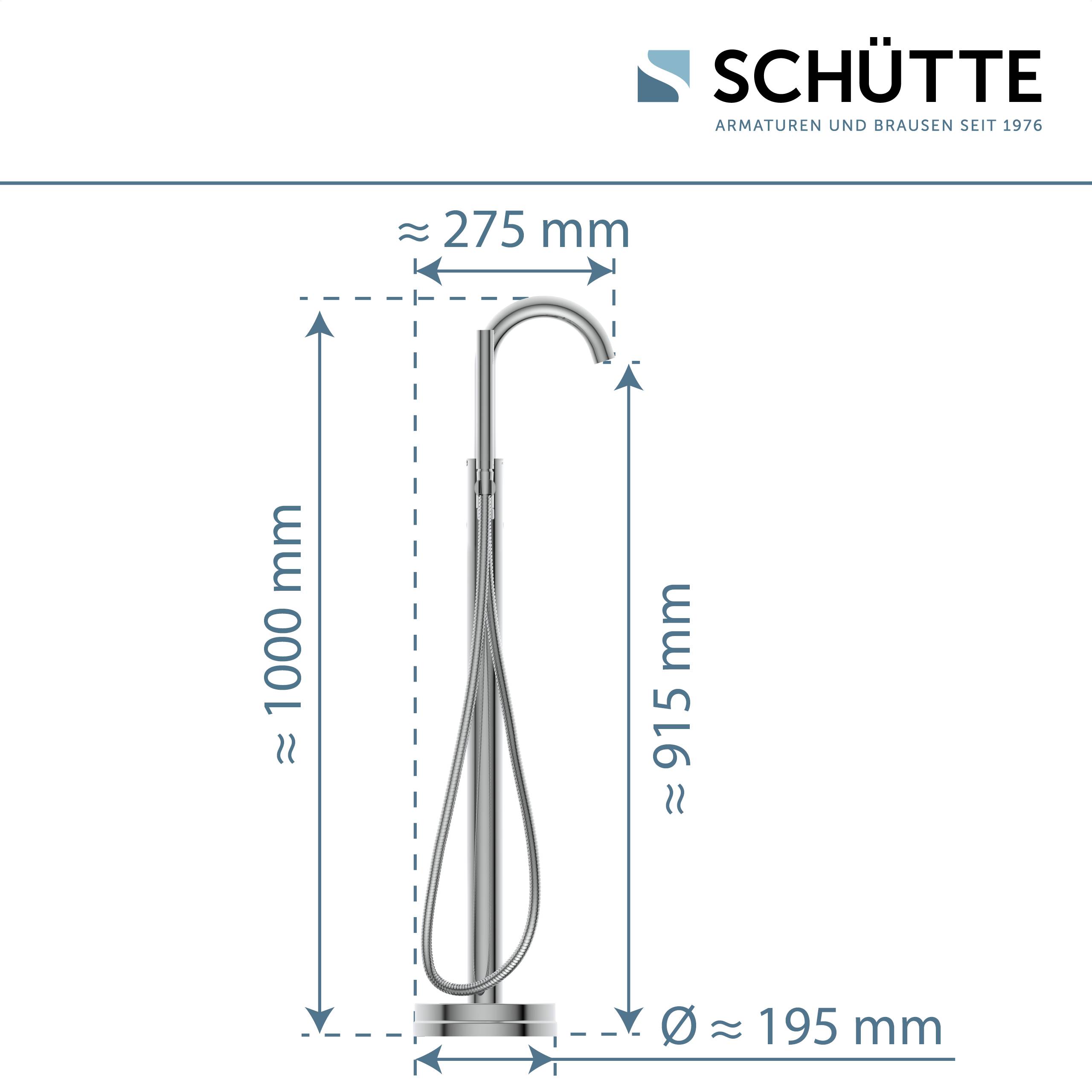 Ein hoher, eleganter Metallhahn von Schütte mit einer Höhe von ungefähr 1000 mm, einer Breite von 275 mm und einem Durchmesser von 195 mm.