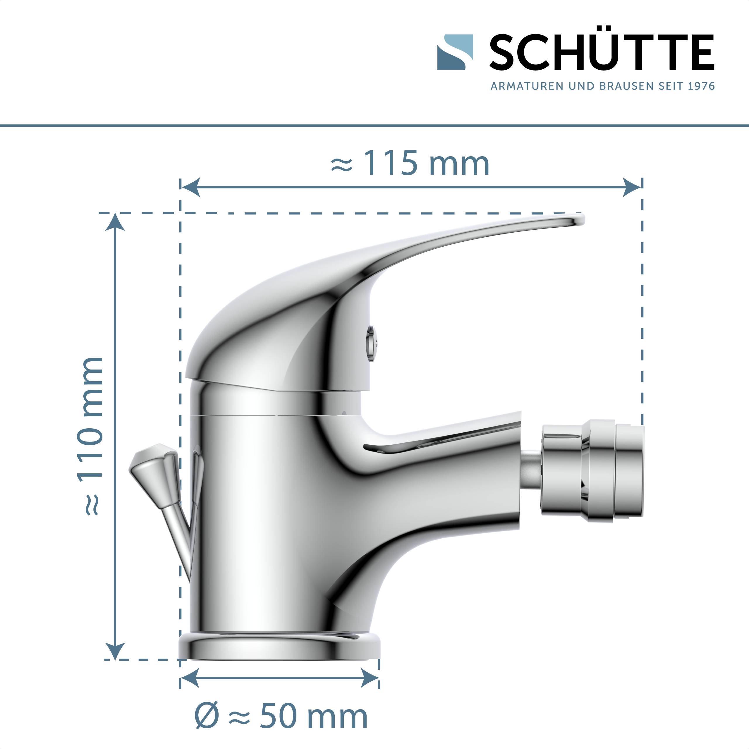 Ein Diagramm der Abmessungen eines Chromwasserhahns: Höhe 110mm, Tiefe 115mm, Basisdurchmesser 50mm. Das Logo „SCHÜTTE
