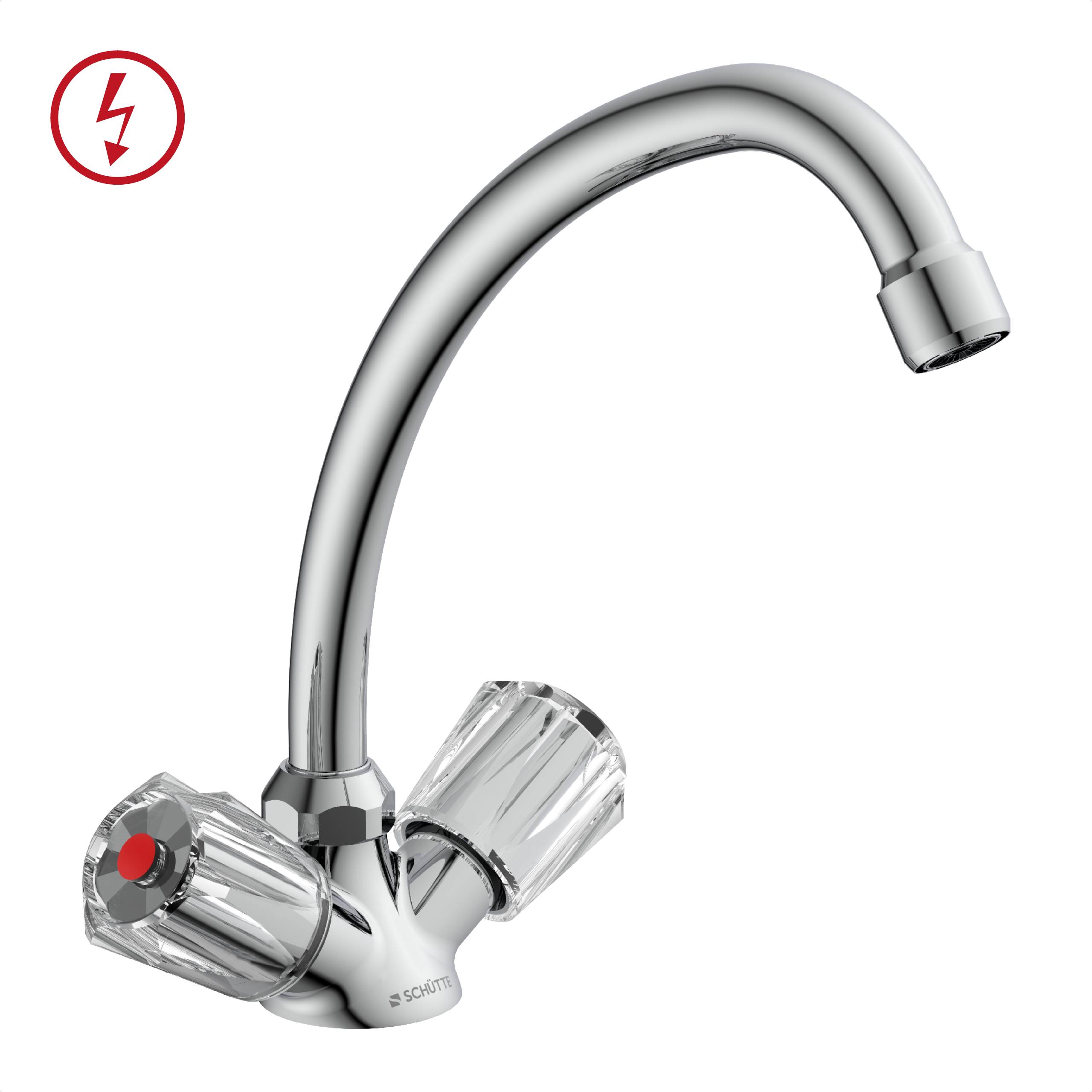 Ein glänzender Metalwasserhahn mit zwei kristallartigen Griffen, einer mit einer roten Markierung versehen, was auf Warmwasser hindeutet. Ein Blitzsymbol darüber deutet auf Stromverbrauch hin.