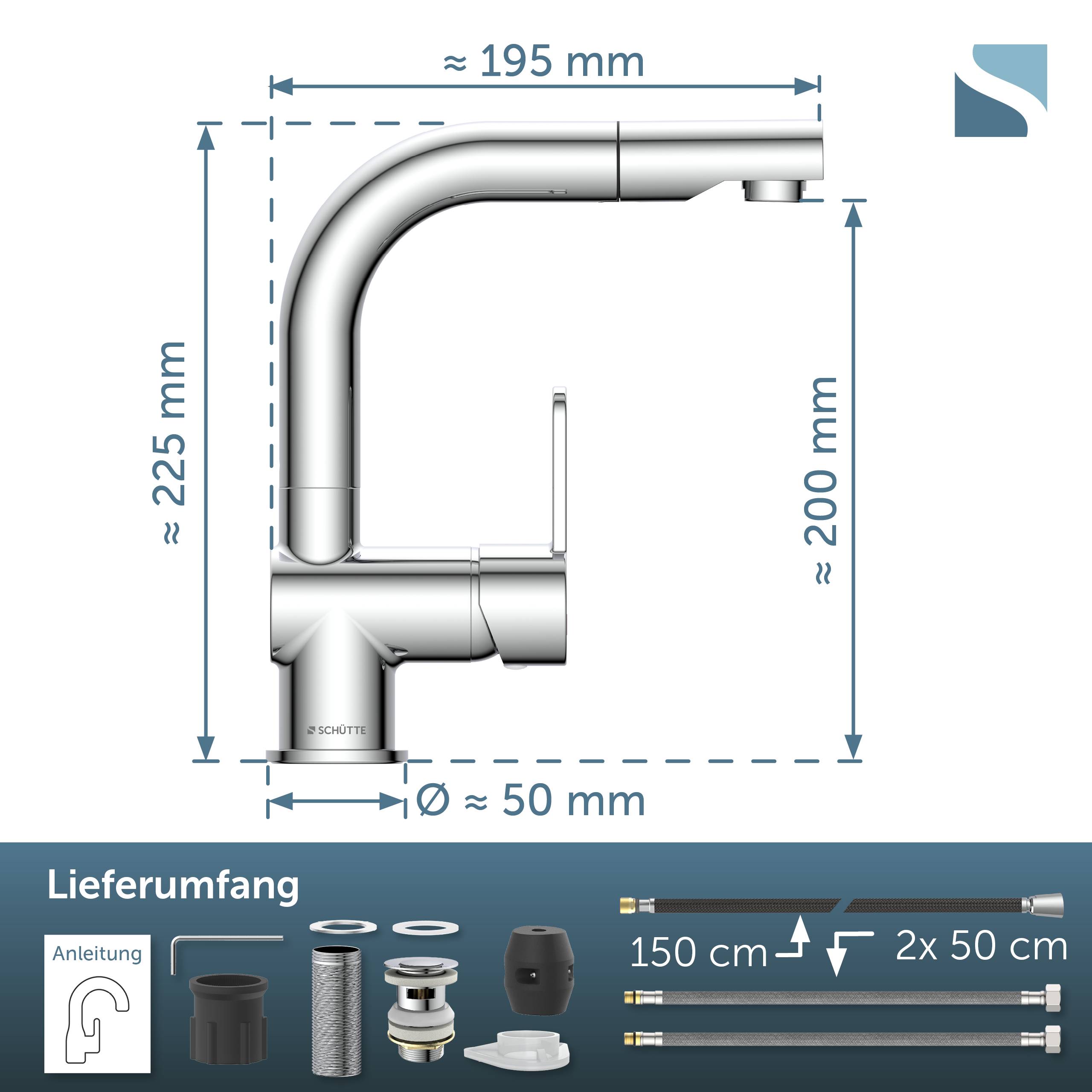 Technisches Diagramm eines Chromwasserhahns mit Abmessungen: ca. 195 mm breit, 225 mm hoch, 200 mm Auslaufhöhe und 50 mm Basisdurchmesser, mit beigefügten Installationsteilen und Schläuchen.