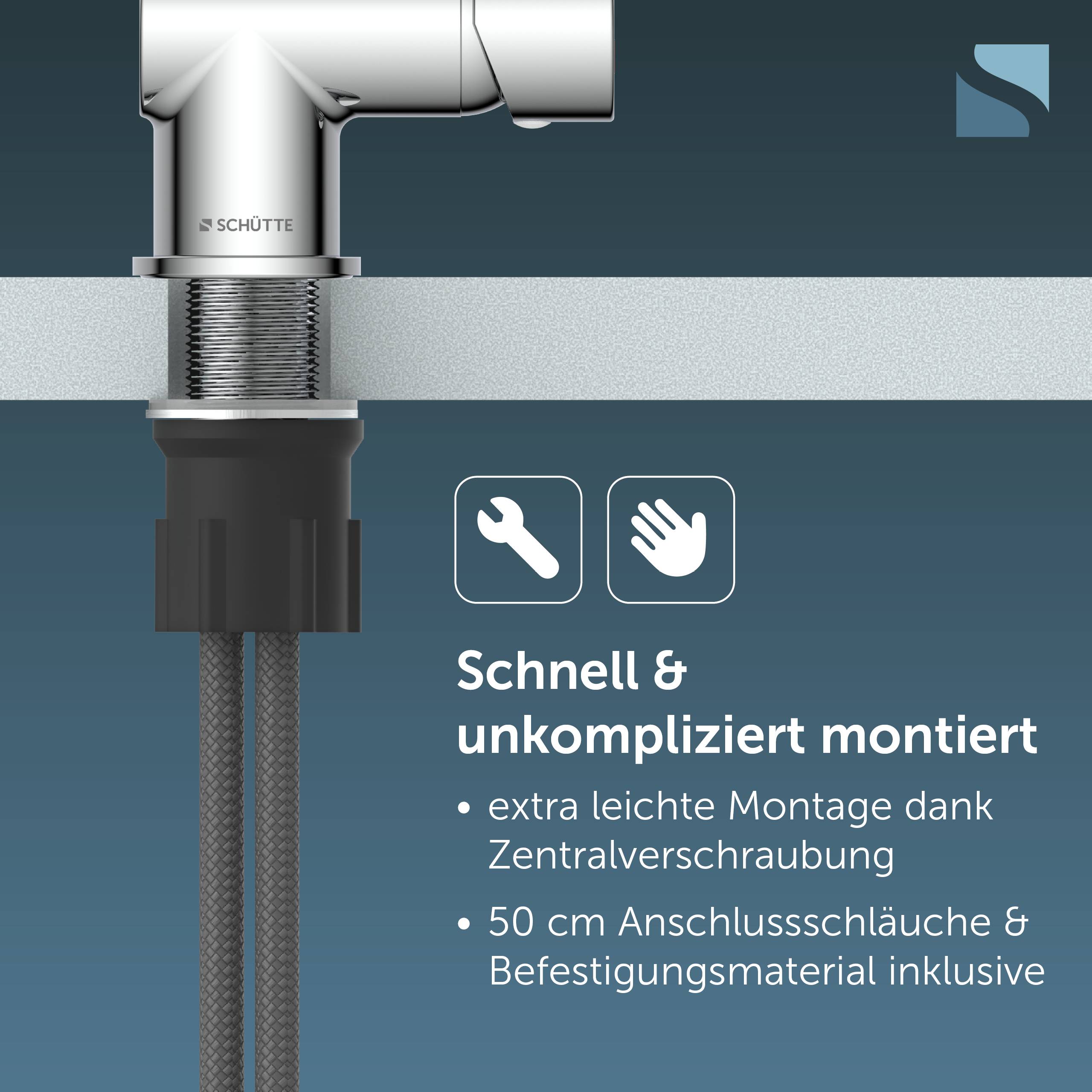 Grafik eines Wasserhahnanschlussverbinders mit Symbolen für Schraubenschlüssel und Hand, werbend für 'Schnell & unkompliziert montiert' und 50 cm Schläuche mit enthaltenem Montagezubehör.