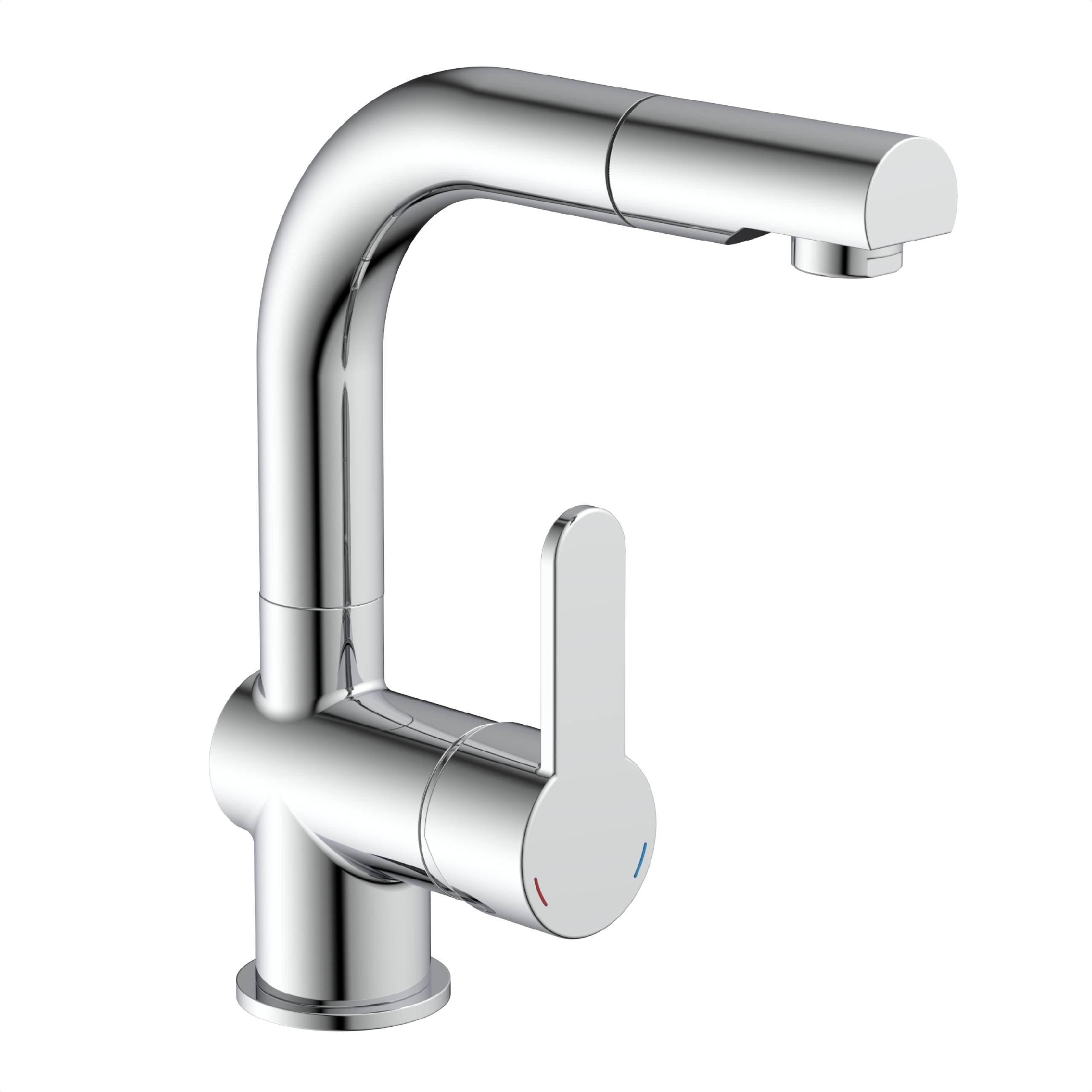 Ein moderner Chrom-Küchenhahn mit einem Einhebelgriff und einem geschwungenen Auslauf.
