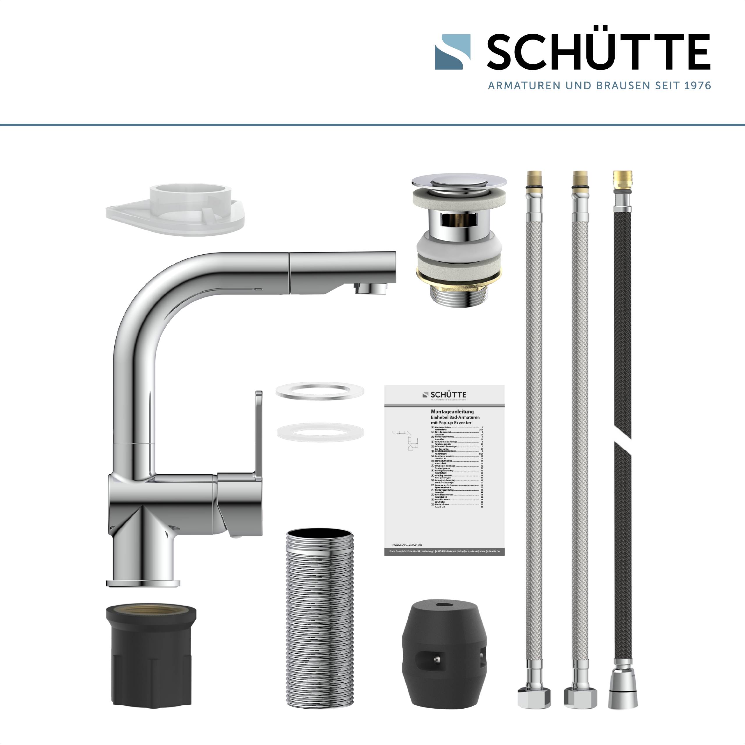 Küchenarmatur-Set der Marke 'Schütte' mit Armaturen, Schläuchen und Installationsanleitung. Die Komponenten sind einzeln vor einem weißen Hintergrund dargestellt.