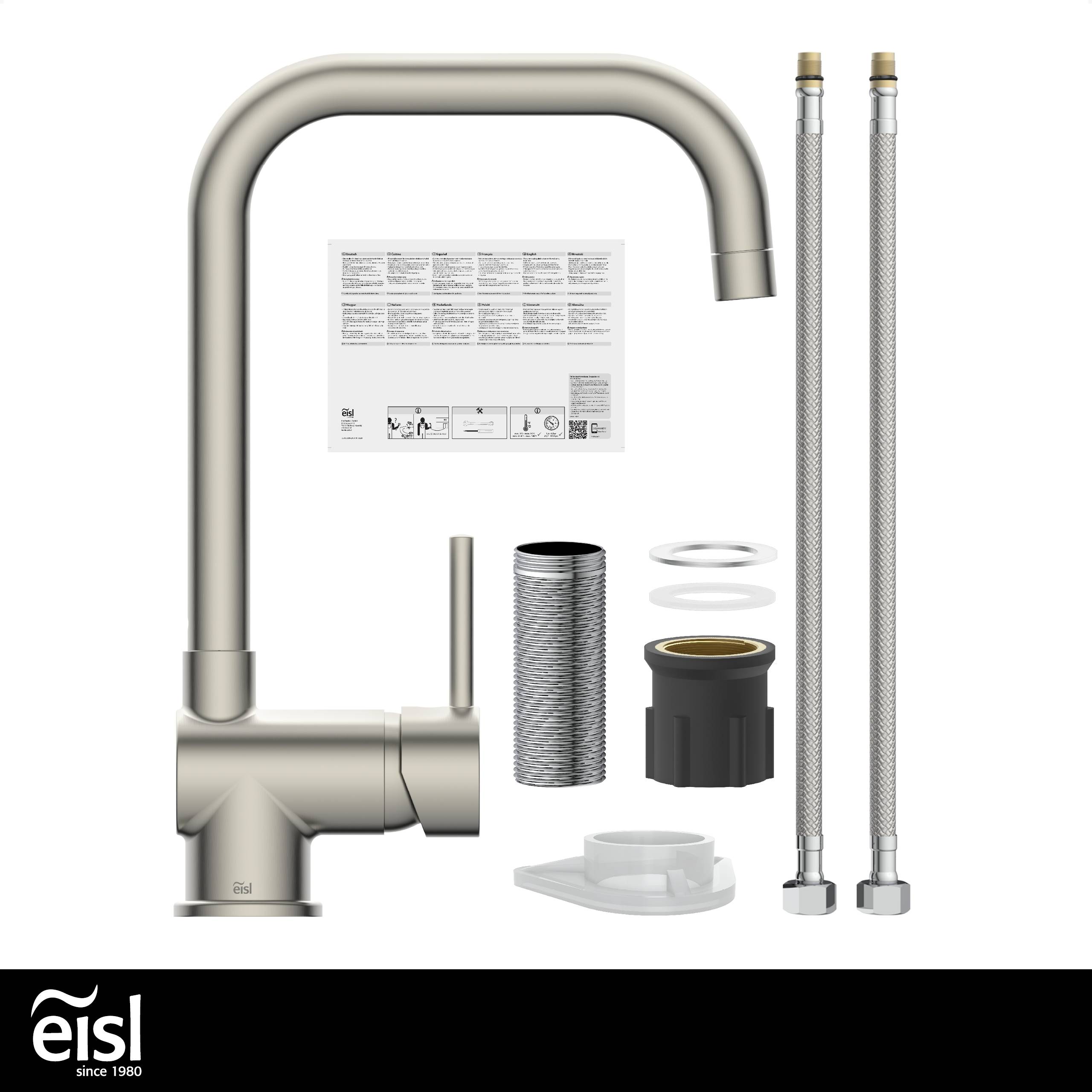 Küchenarmatur-Set bestehend aus Wasserhahn, zwei Schläuchen, Installationszubehör und Anleitung, vor einem weißen Hintergrund präsentiert.