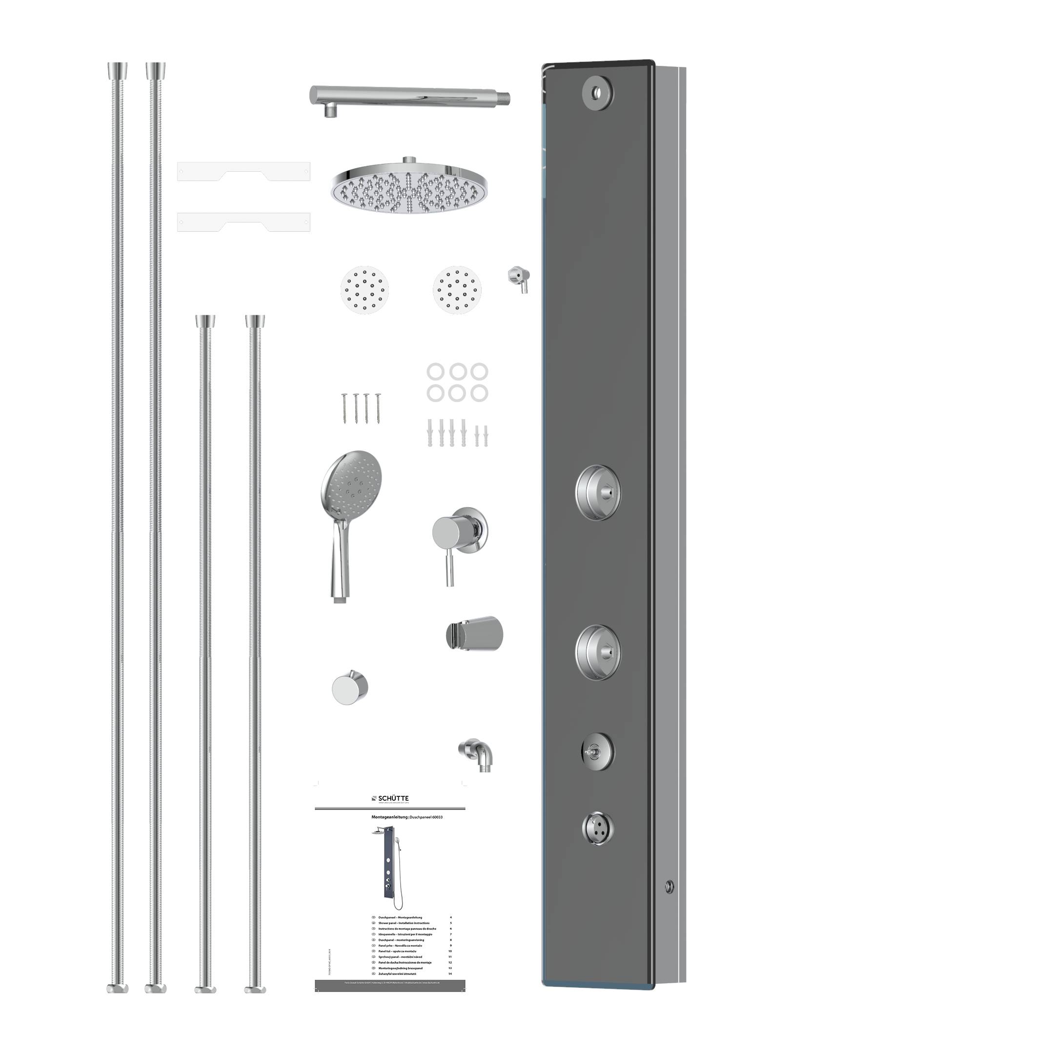 Duschsystem-Teilesatz auf schwarzem Hintergrund ausgelegt, bestehend aus einem hohen Wandpaneel mit Bedienelemente, Duschkopf, tragbarem Sprayer, Stangen, Halterungen, Befestigungselementen und Bedienungsanleitung.