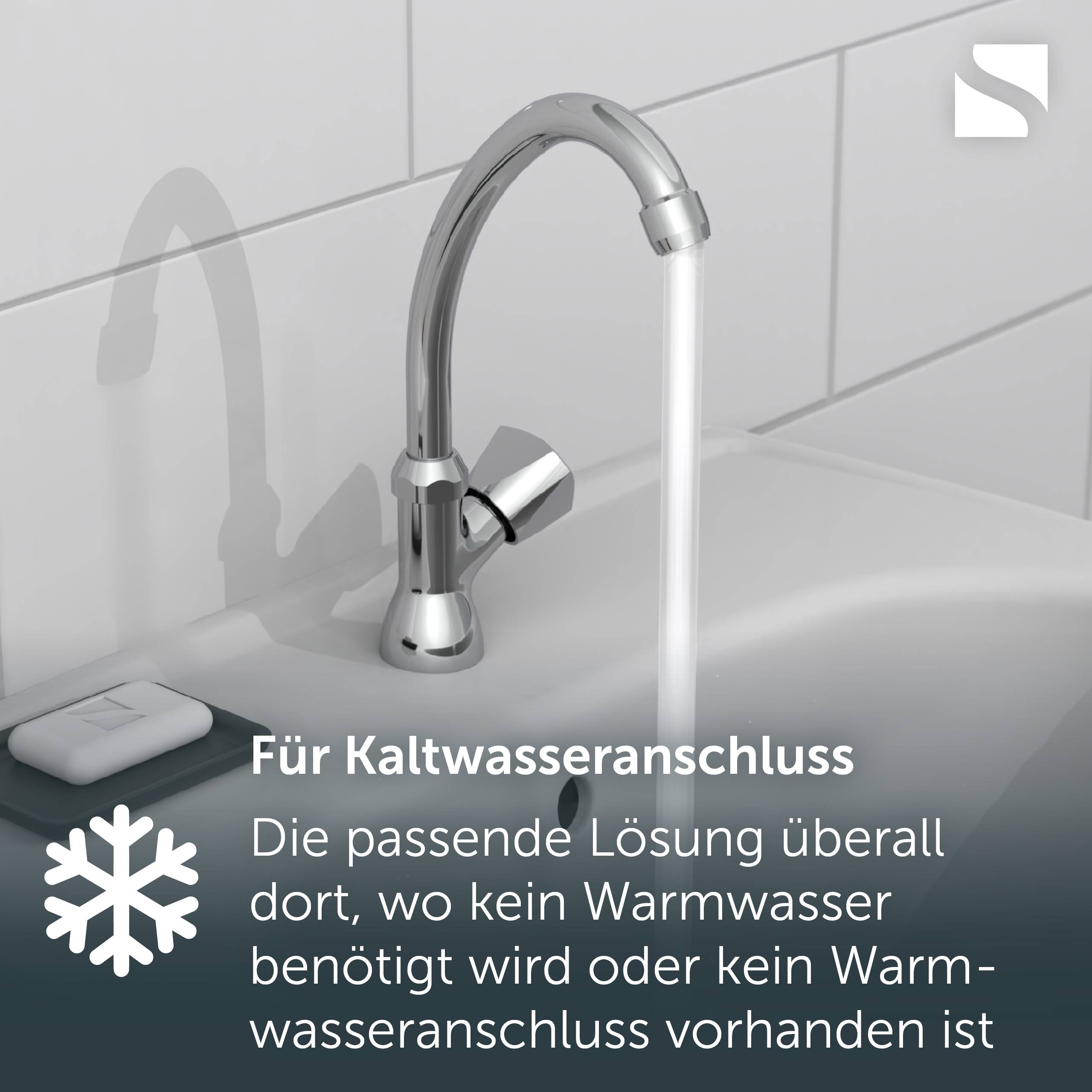 Küchenarmatur nur mit Kaltwasser, mit deutschem Text, der besagt, dass sie geeignet ist, wo keine Warmwasserverbindung erforderlich ist oder nicht vorhanden ist.