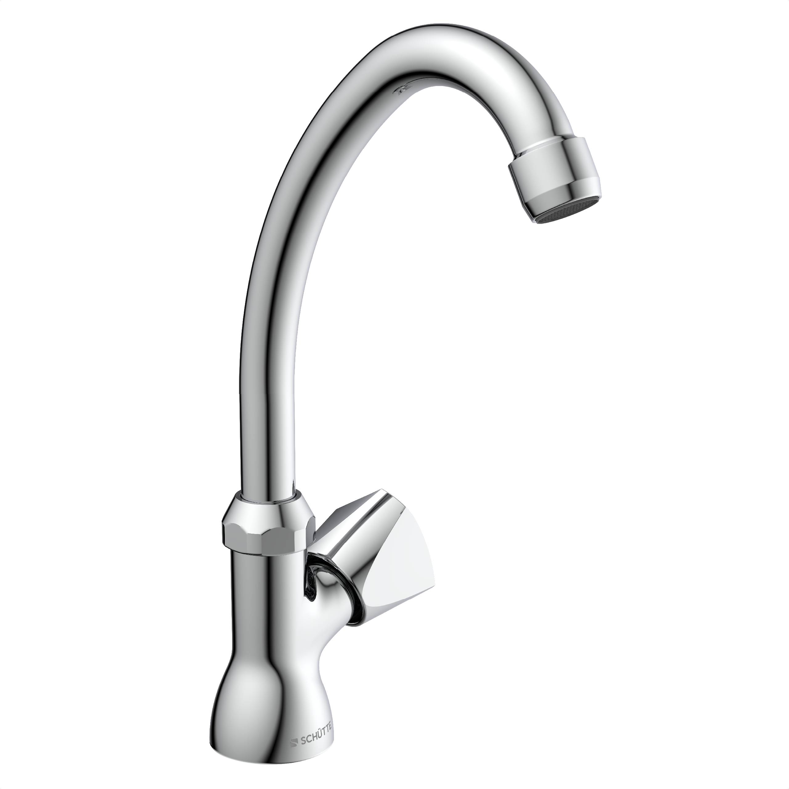 Chromeküchenarmatur mit hochgebogenem Auslauf und Seitenhebel auf weißem Hintergrund.
