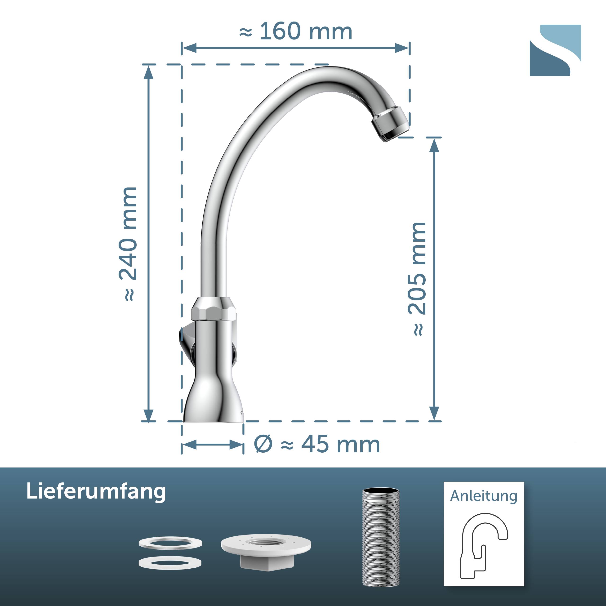 Produktdiagramm eines gebogenen Metallhahn-Auslaufs mit Abmessungen: ca. 160 mm breit, 240 mm hoch, 205 mm Auslaufhöhe, 45 mm Basisdurchmesser; enthält unten aufgeführte Lieferartikel.