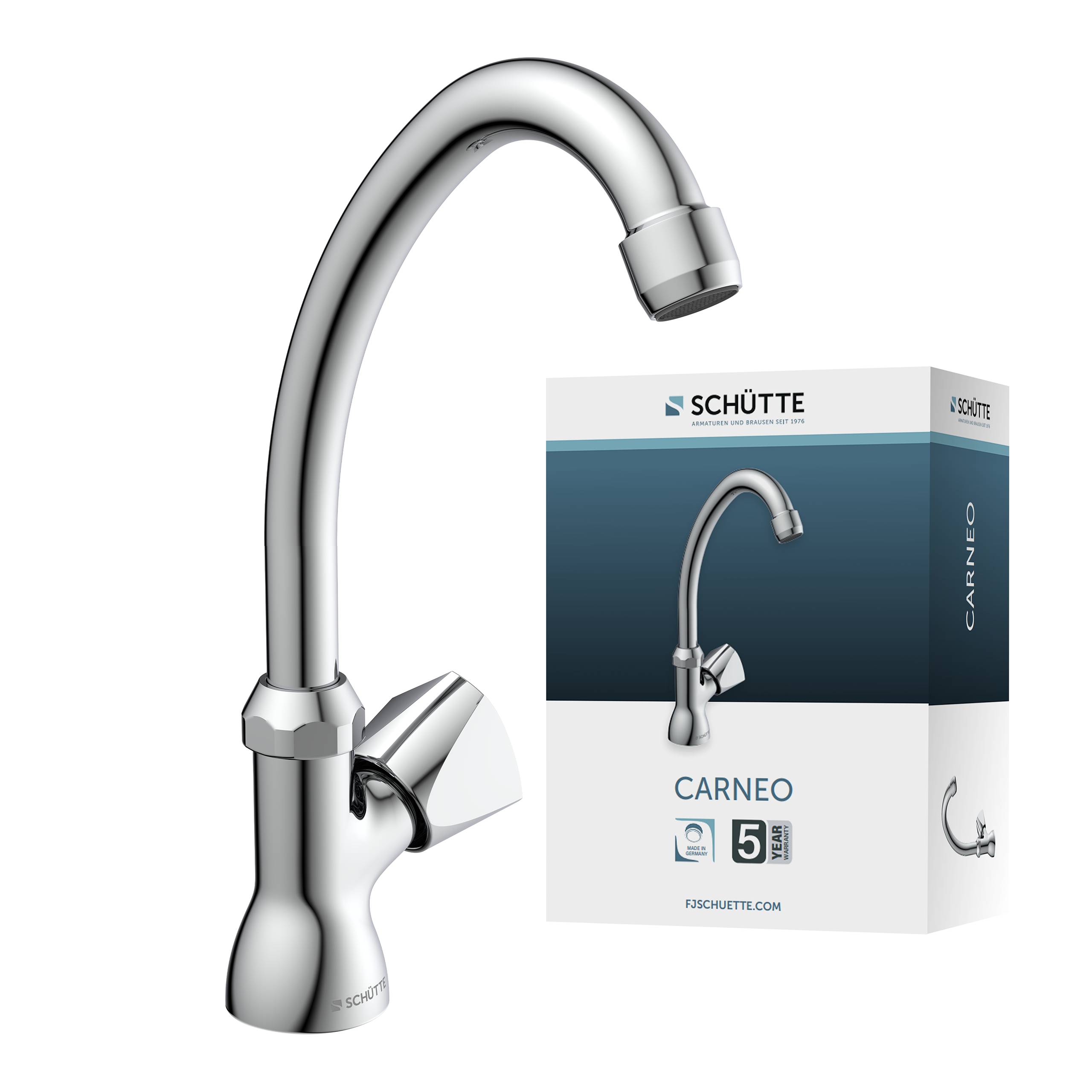 SCHÜTTE Carneo Wasserhahn in Chrom-Ausführung, gezeigt mit Verpackungskarton, auf dem Produktbild, Markenname und Modell abgebildet sind.