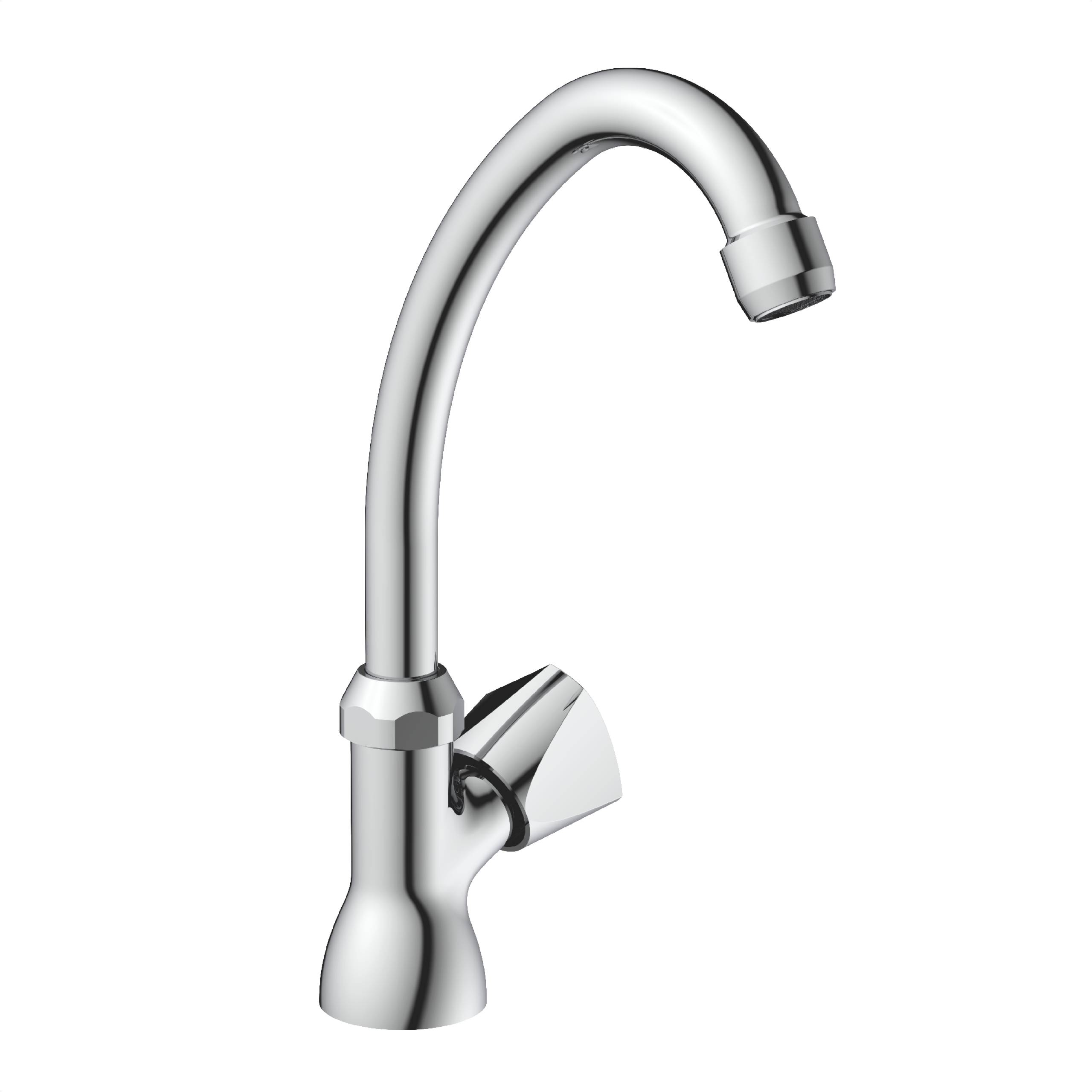 Ein schlanker Chrom-Küchenarmatur mit hohem Bogen und Einhebelgriff, konzipiert für moderne Spülen.