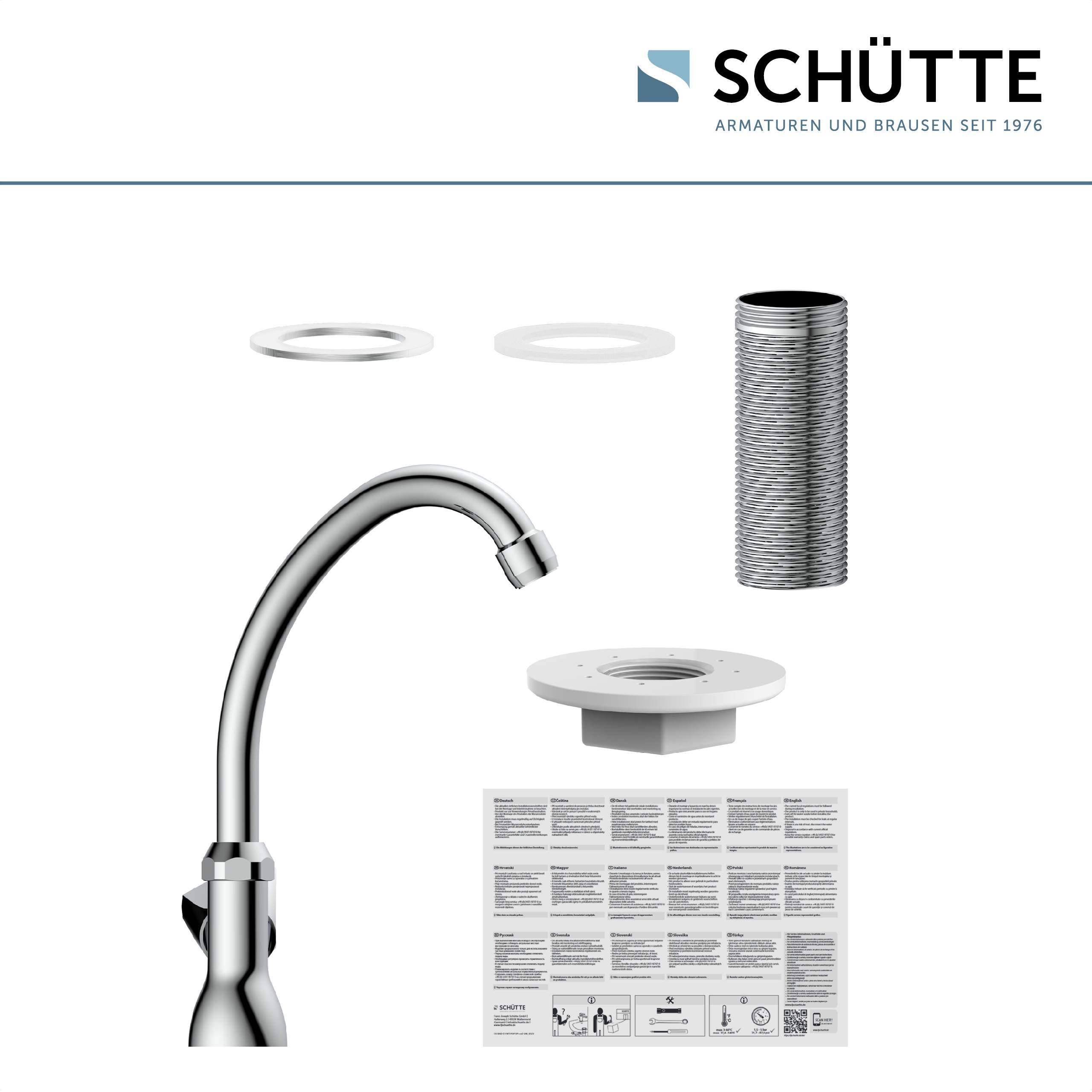 Ein Chrom-Küchenhahn-Set mit Installationszubehör: ein Wasserhahn, Dichtungen, Befestigungsmaterial und Montageanleitung, mit der Marke 'Schütte'.