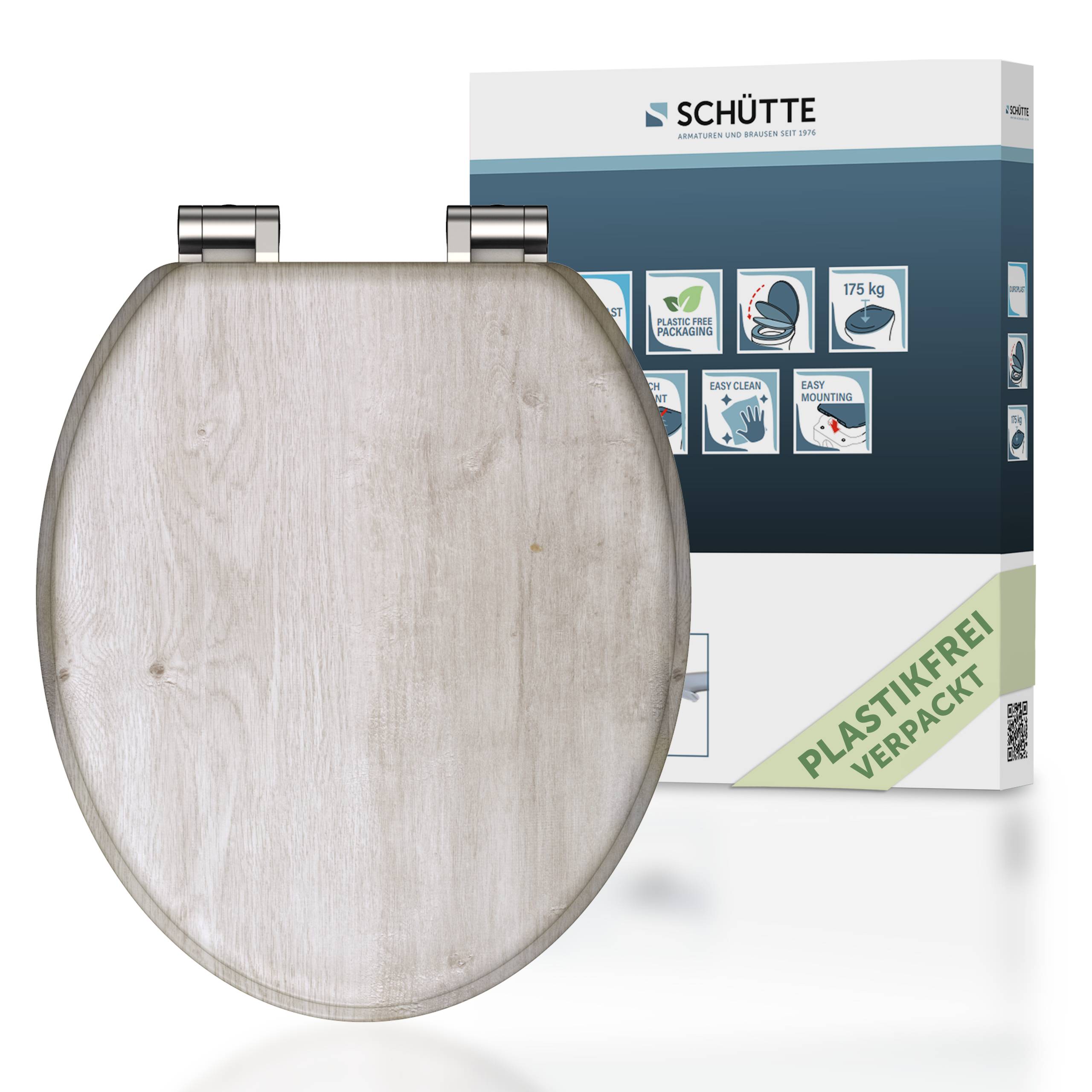 Holzerner Toilettensitzdeckel mit Verpackung im Hintergrund, auf der Funktionen wie einfache Installation, sanftes Schließen und der Text „Plastikfrei Verpackt
