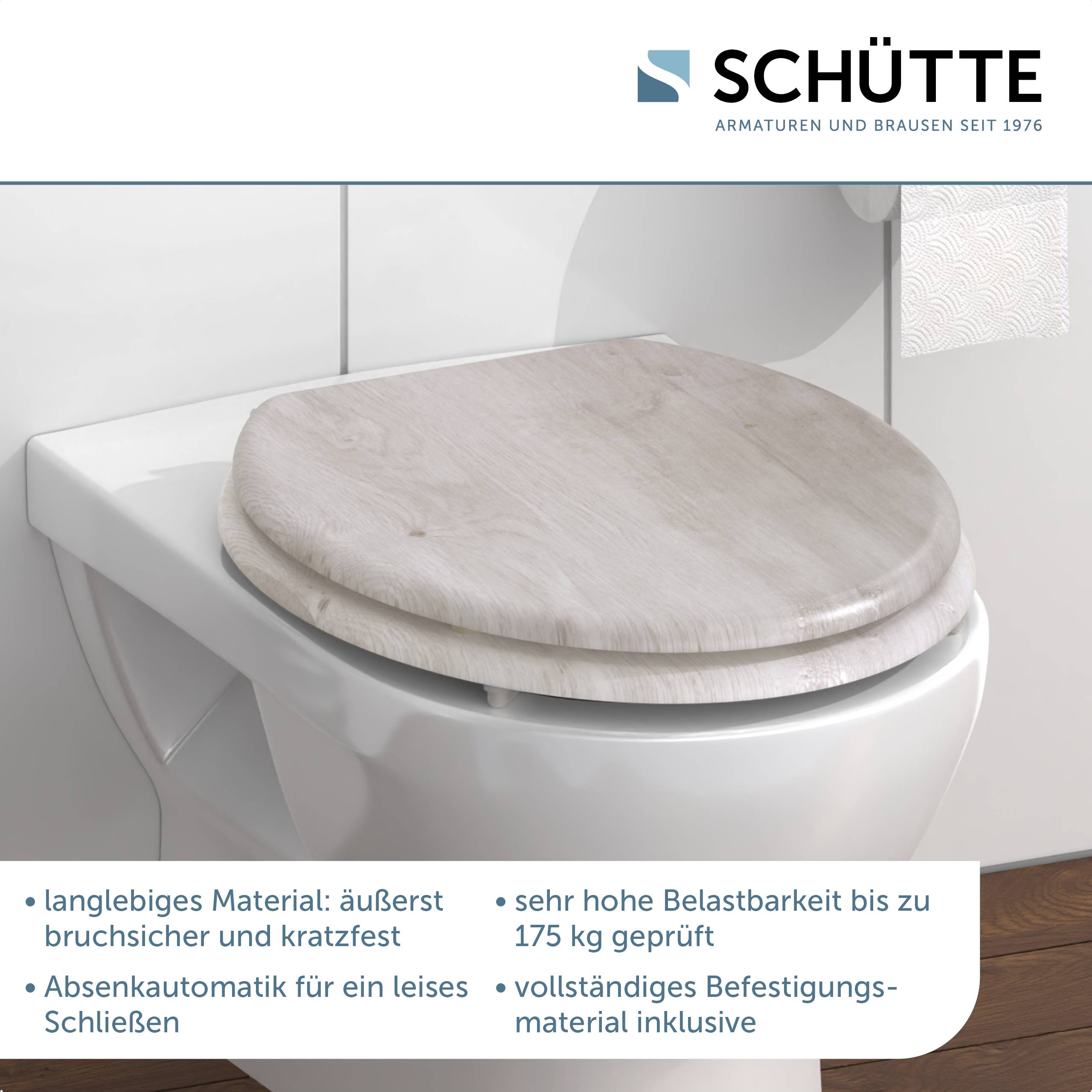 Ein weißes Toilett mit einem Holzsitz, mit Text: 'langlebiges Material', 'hohe Belastbarkeit' und Markenlogo 'Schütte'.