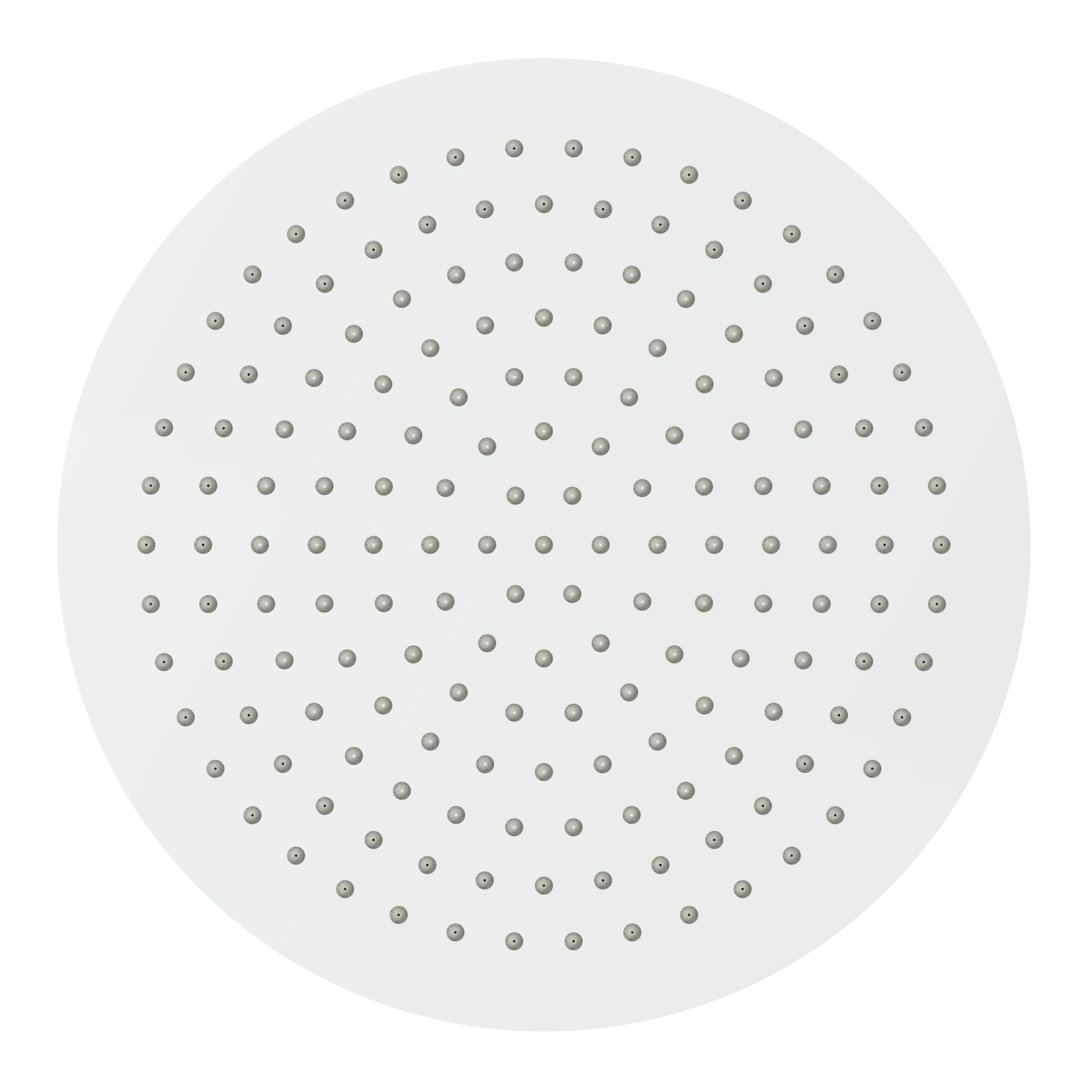 Ein großer, runder, weißer Duschkopf mit gleichmäßig verteilten kleinen Düsen, von unten vor schwarzem Hintergrund betrachtet.