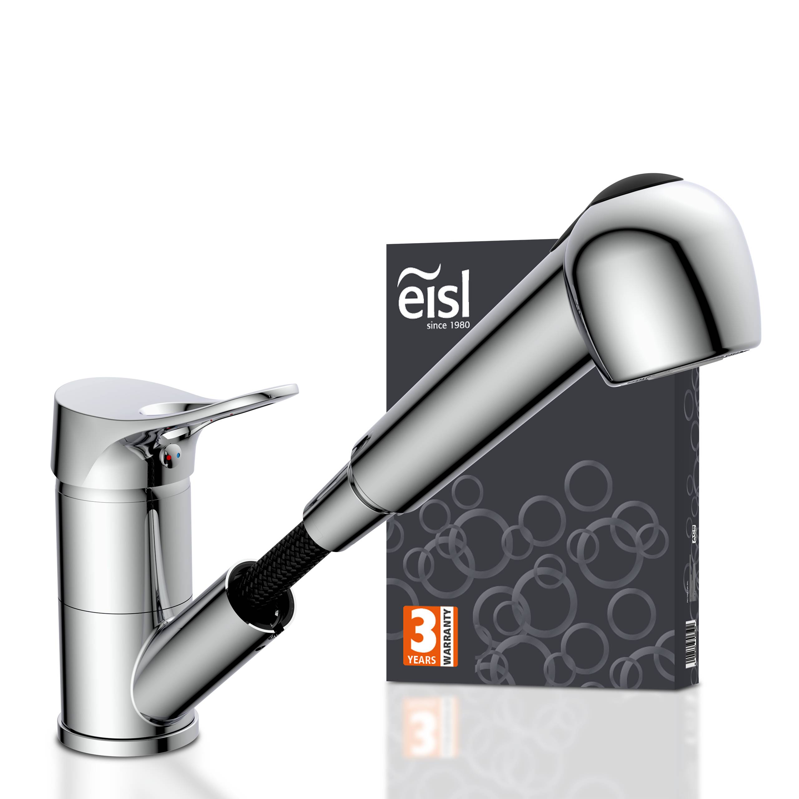 Schlanker Küchenwasserhahn aus Chrom mit ausziehbarem Sprühkopf, neben einer Verpackungsschachtel mit Markenlogo und Text „3 Jahre Garantie