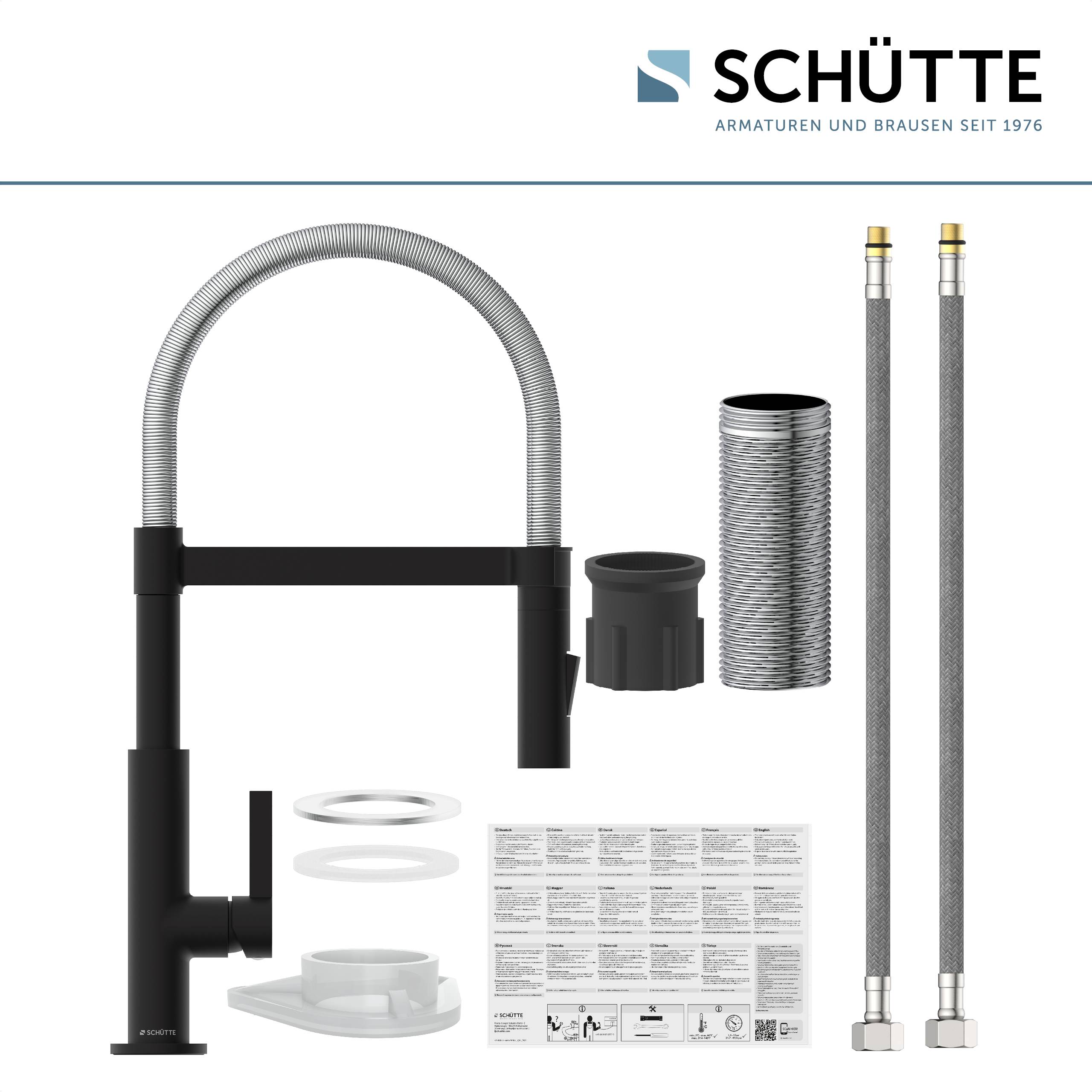 Ein schwarzes Küchenarmatur-Set mit flexiblem Schlauch, Installationsanleitung und Befestigungszubehör, das vor einem weißen Hintergrund präsentiert wird.