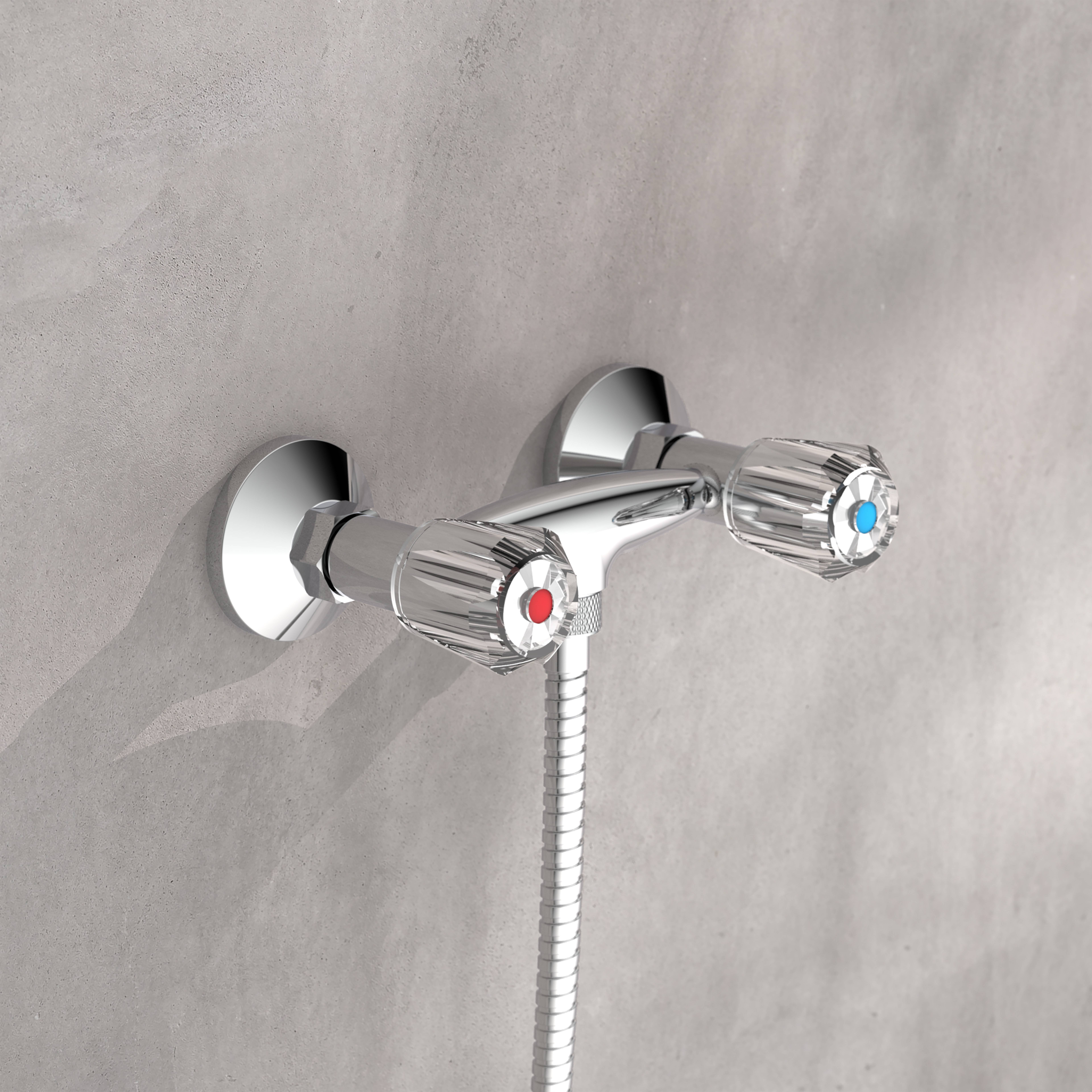 Chrom-Wandmontagemischer mit Warm- und Kalthandgriffen und Handbrausenanschluss