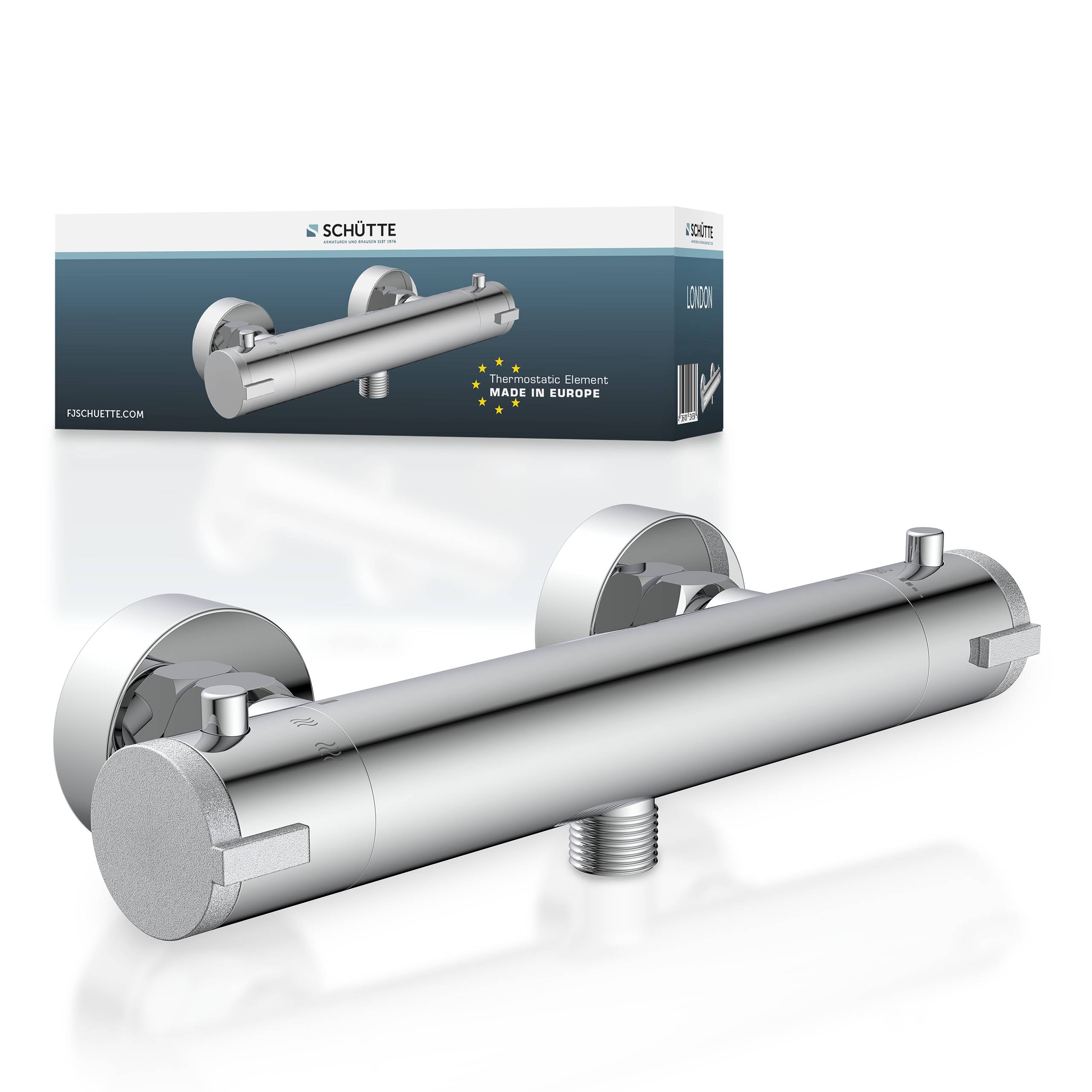 Thermostatische Duscharmatur mit zwei Knöpfen mit schlankem Design. Die Verpackung im Hintergrund zeigt den Markennamen „Schütte