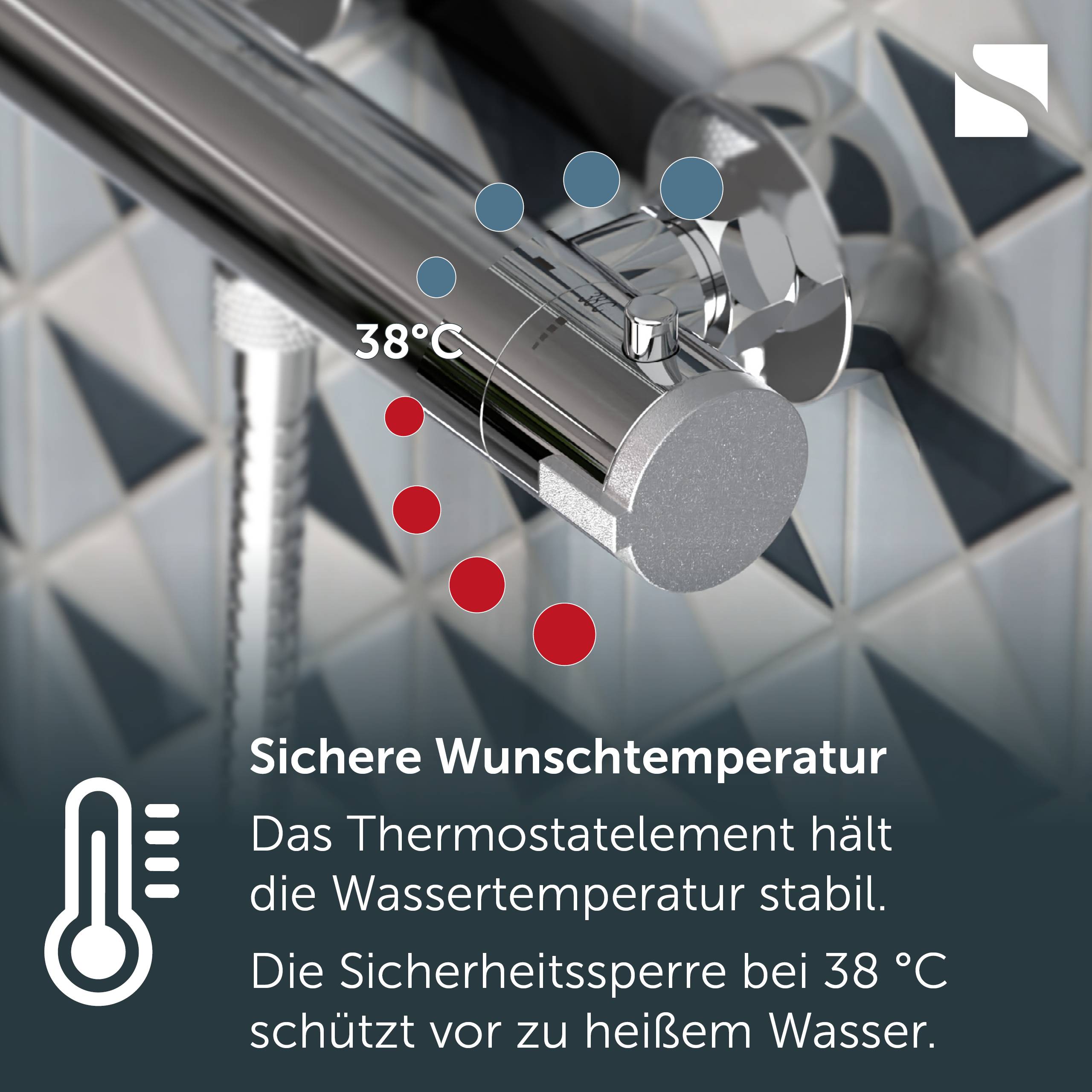 Thermostatic Brausemischbatterie auf 38°C eingestellt, mit deutschem Text, der erklärt, dass sie die Wassertemperatur stabil hält und eine Sicherheitssperre verhindert, dass Wasser heißer als 38°C wird.