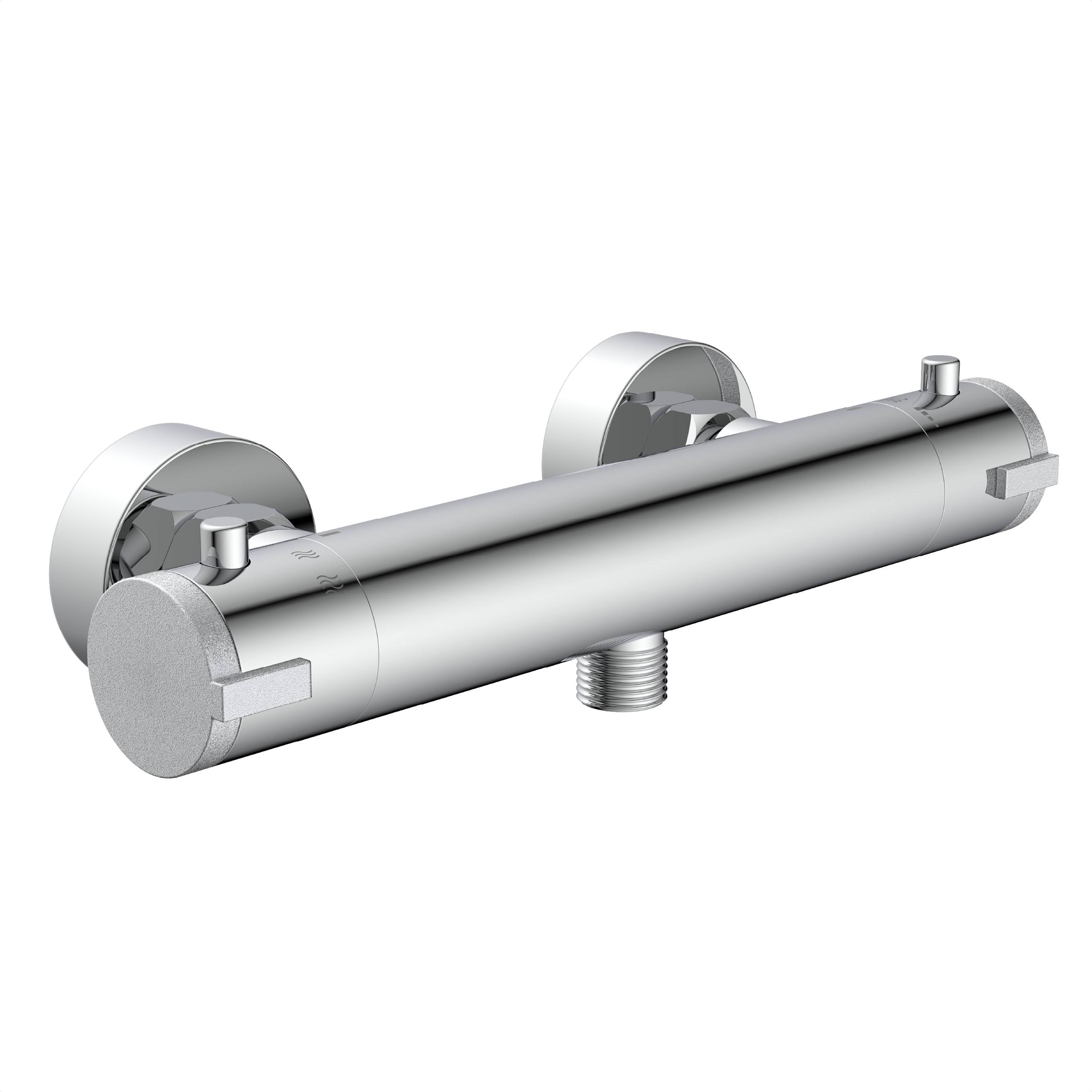 Chrom-Thermostatarmatur für die Dusche mit zwei Wandhalterungen, zylindrischem Gehäuse und Stellknöpfen an beiden Enden.