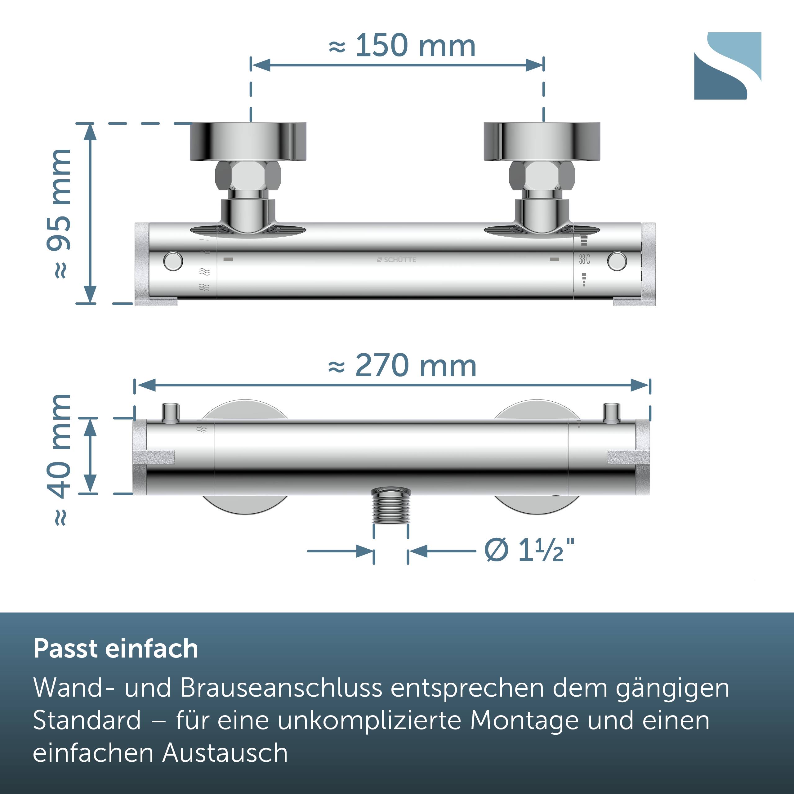 Technische Zeichnung eines Duscharmaturenventils mit Seiten- und Frontansicht mit Abmessungen: ca. 150 mm breit, 95 mm hoch, 270 mm lang, 40 mm tief und 1½-Zoll-Anschluss; deutsche Textnotizen zur einfachen Wand- und Badewanneninstallation sowie zum Austausch.