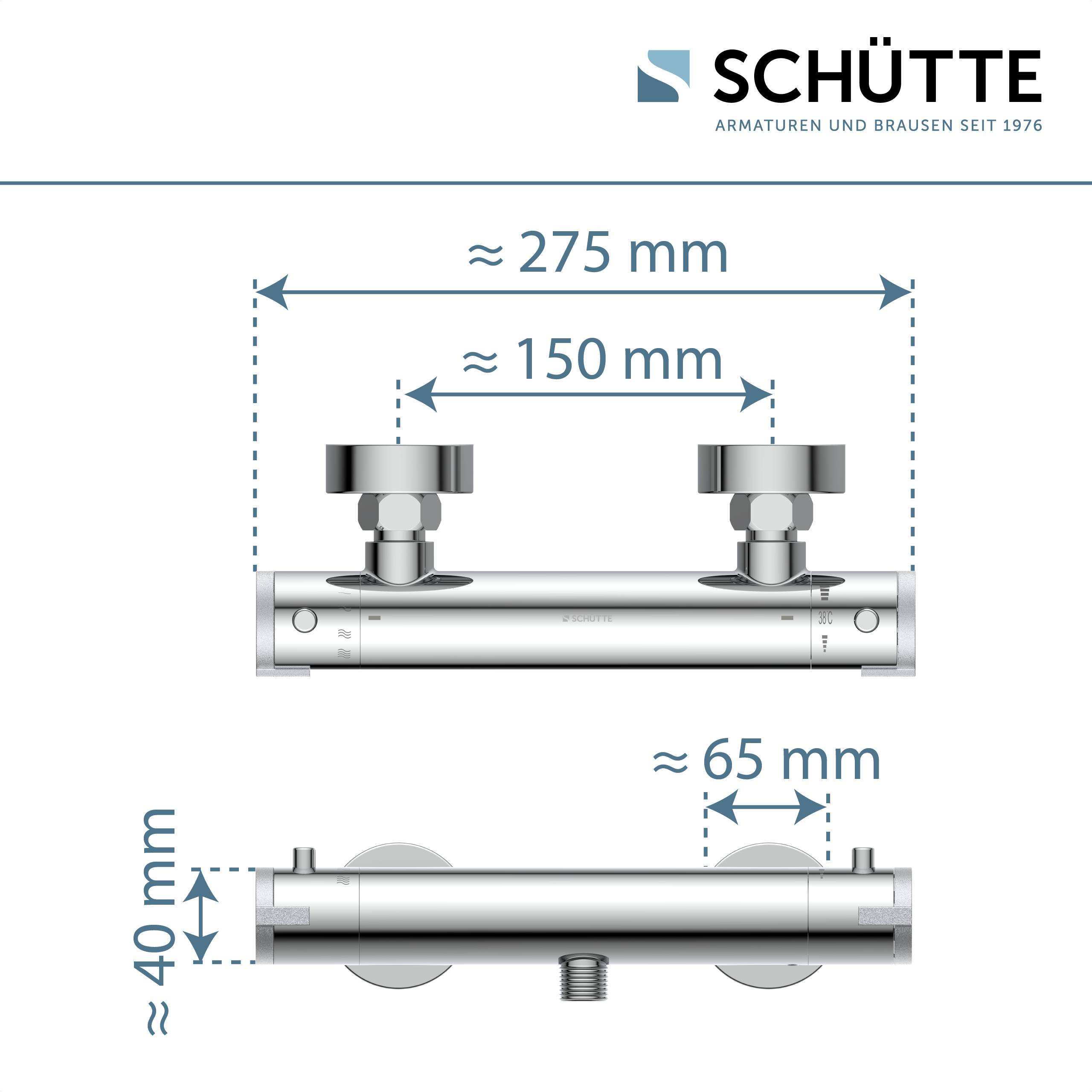 Bild einer Schütte-Armatur mit Abmessungen: Breite ≈ 275mm, Abstand ≈ 150mm zwischen Anschlüssen, Höhe ≈ 65mm und Tiefe ≈ 40mm.