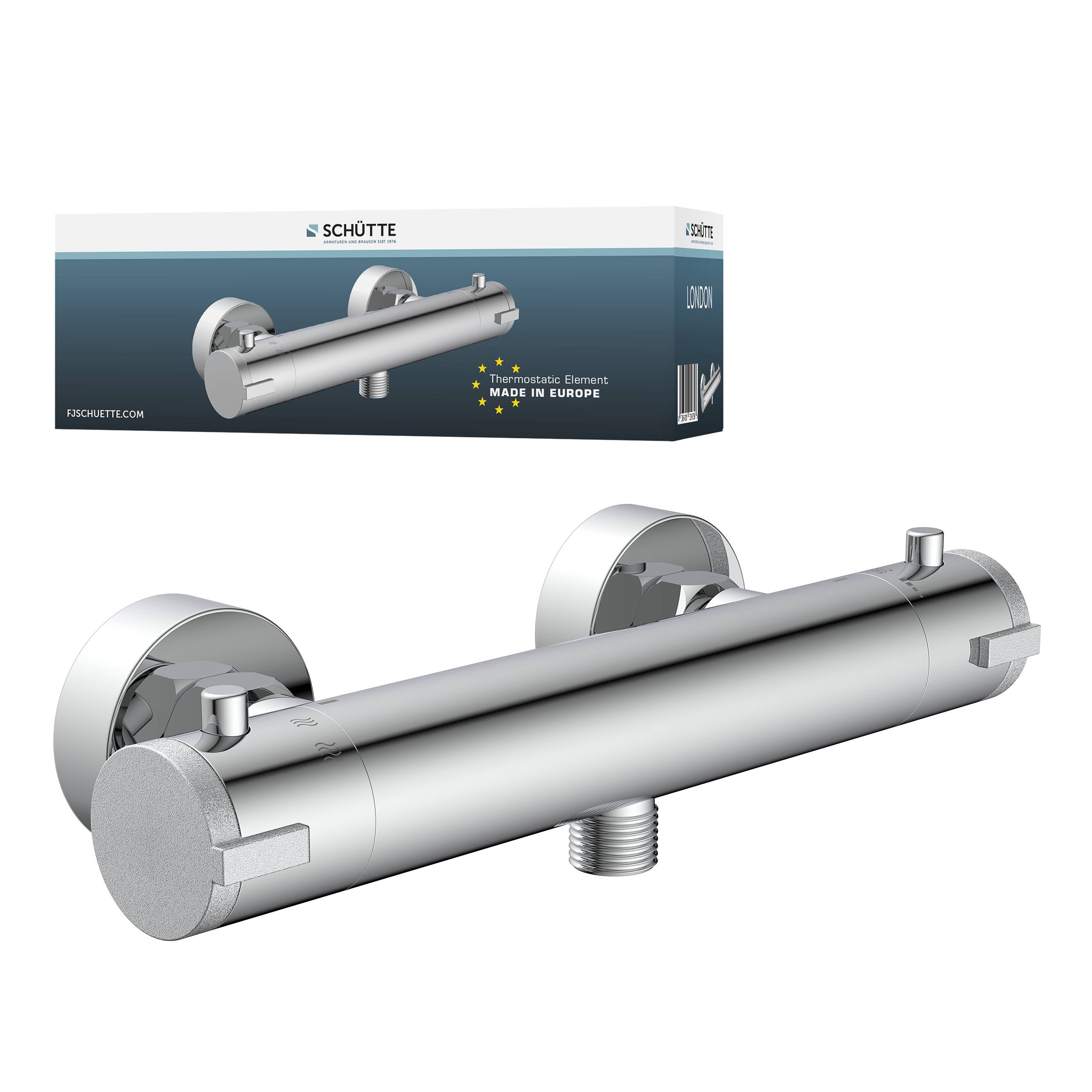 Thermostatische Duscharmatur in polierter Chromoberfläche mit Wandmontage-Design. Die Verpackung zeigt das Bild der Duscharmatur und „Made in Europe