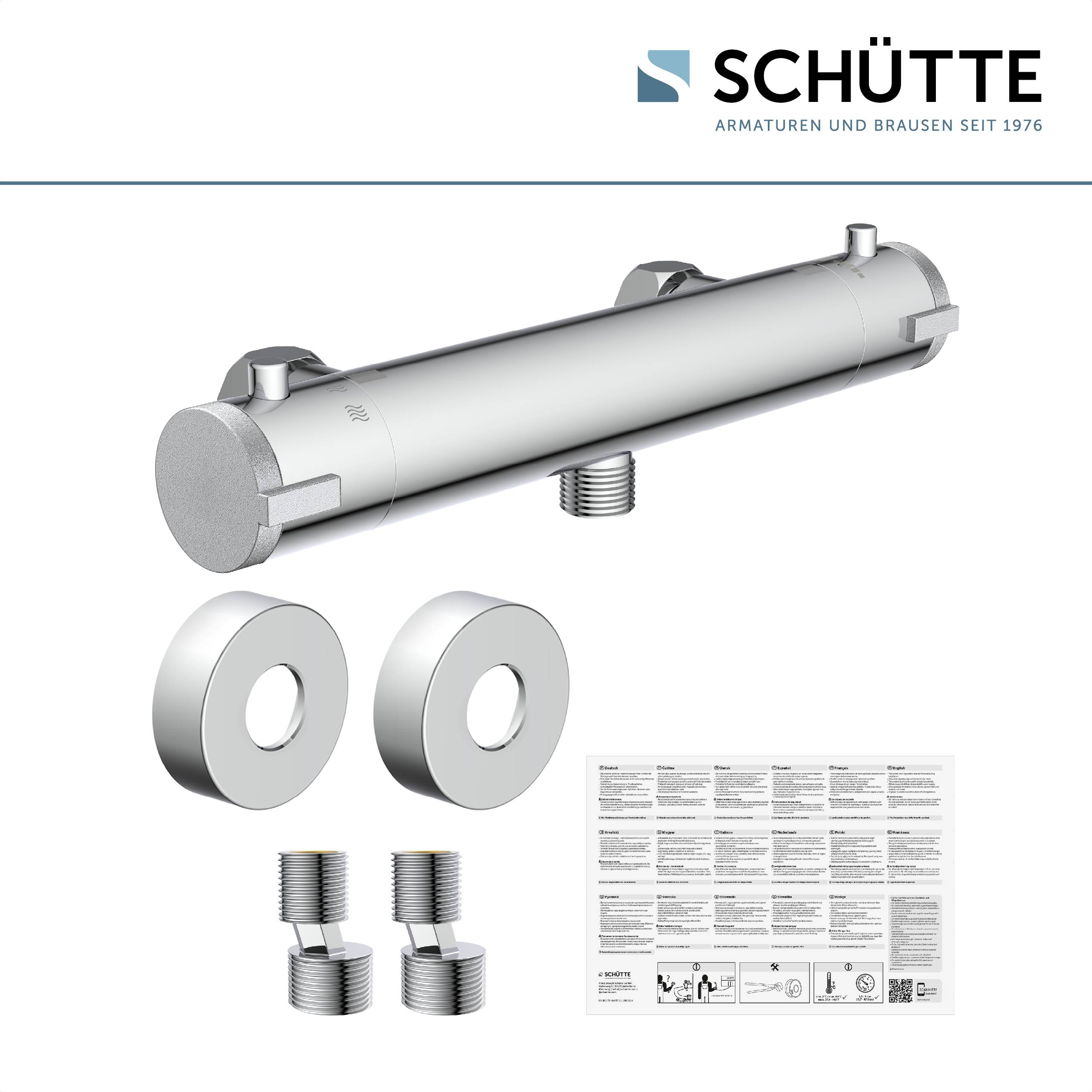 Thermostatisches Duscharmaturenset von Schütte, bestehend aus Mischer, Montagering, Adaptern und einer mehrsprachigen Bedienungsanleitung.