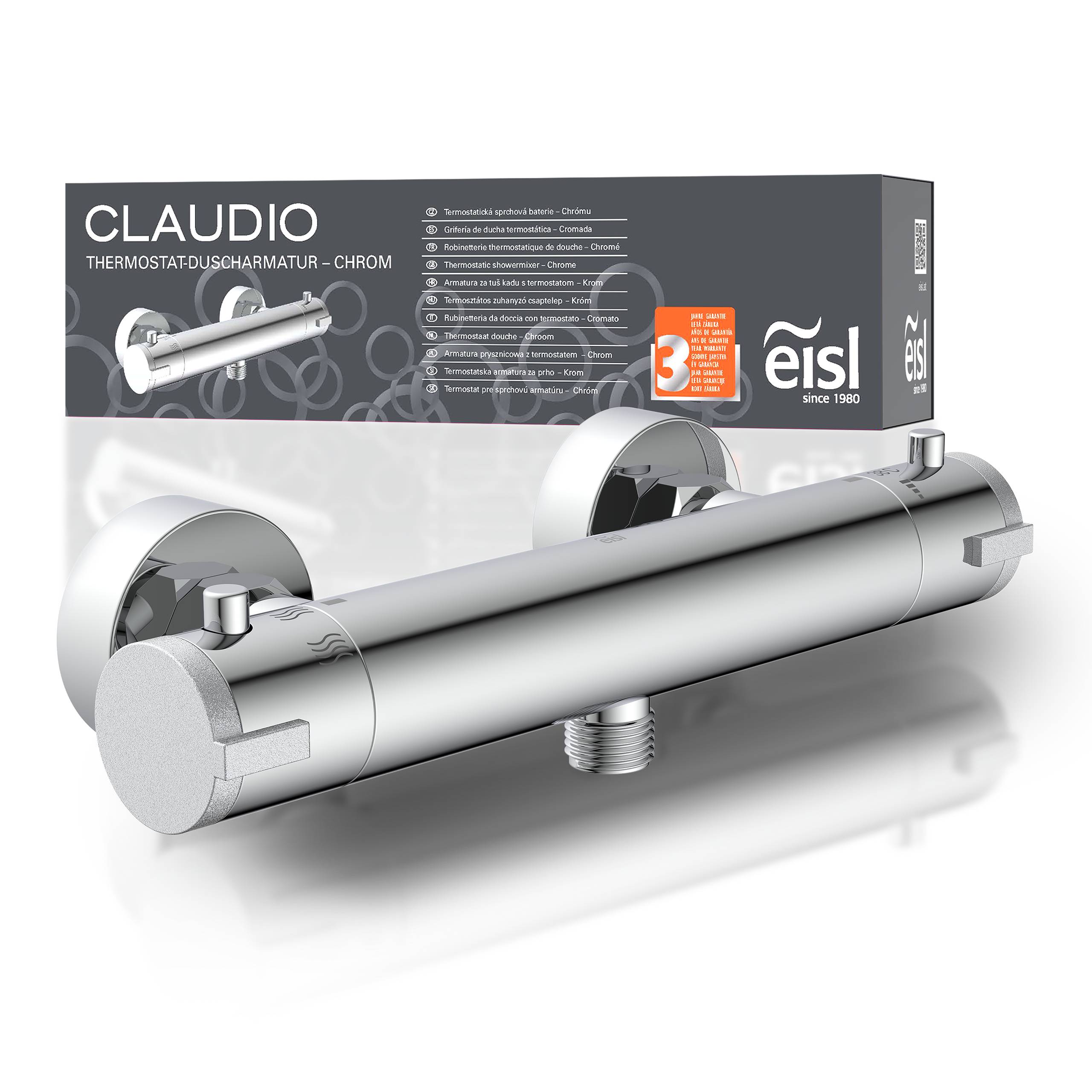 Ein moderner verchromter thermostatischer Brausemischer vor einer Verpackung mit der Bezeichnung 'Claudio', wobei die Marke Eisl hervorgehoben wird und das Produktdesign zur Schau gestellt wird.