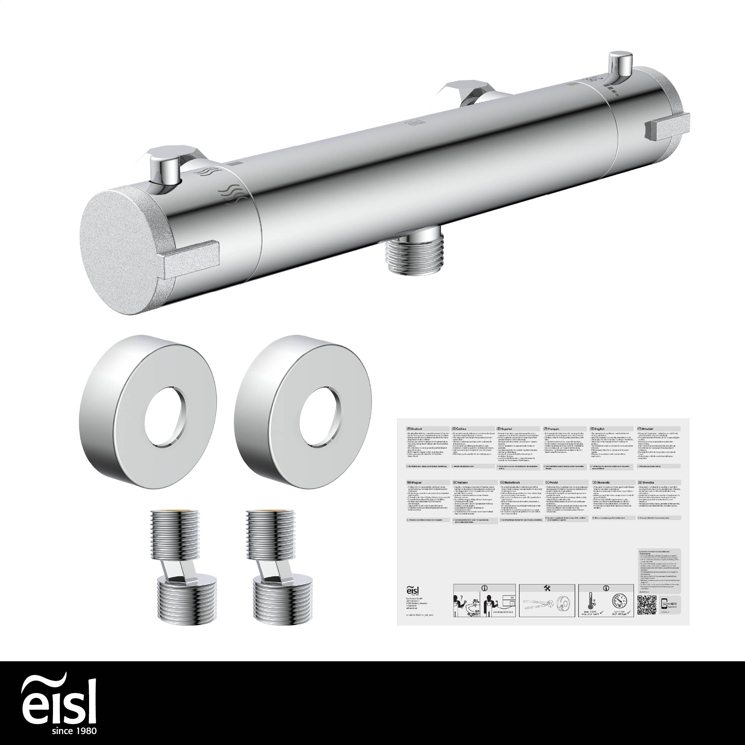 Thermostat-Mischbatterie-Set mit silbernem zylindrischem Duschkomponent mit zwei kreisförmigen Halterungen, Verbindungsteilen und einem Anleitungsblatt.