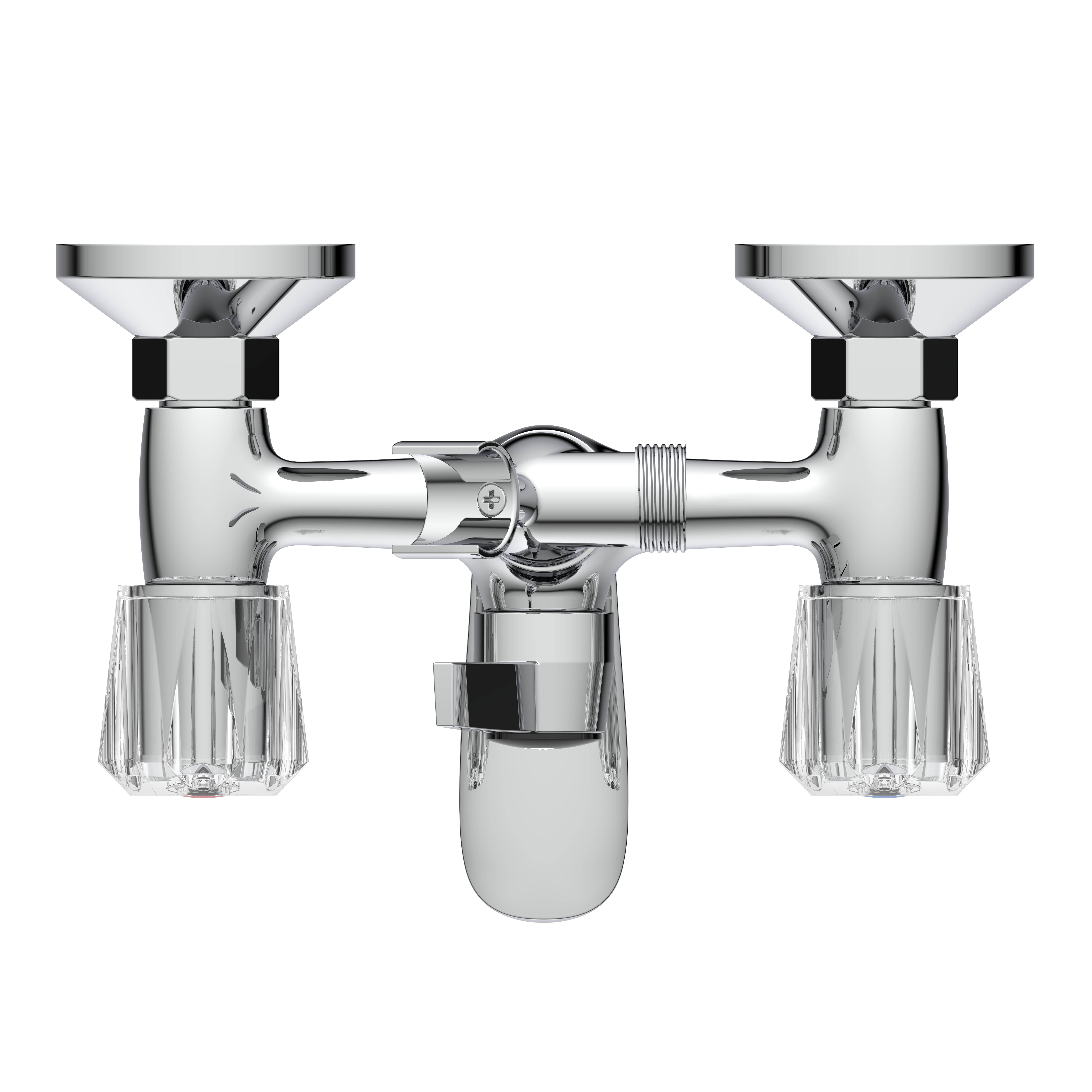 Chrome Doppelwasserhahn mit zwei Griffen und Glaskontainern auf schwarzem Hintergrund