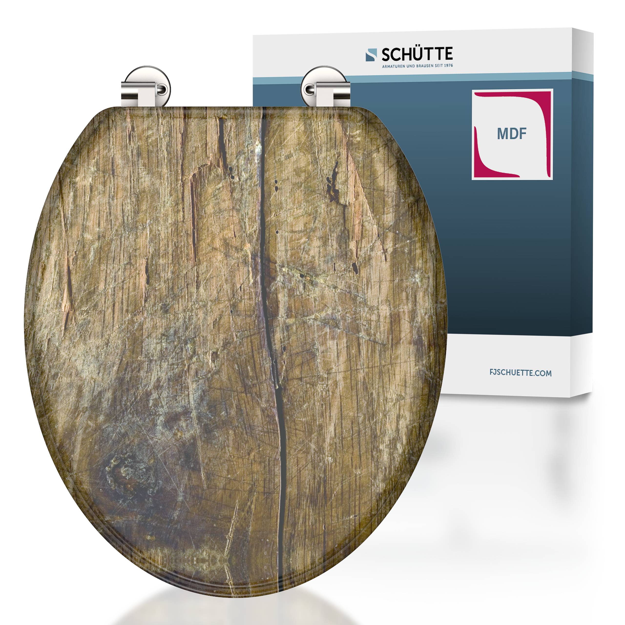 Holztextur-Toilettensitz mit metallischen Scharnieren vor einer Box mit der Aufschrift „MDF SCHÜTTE