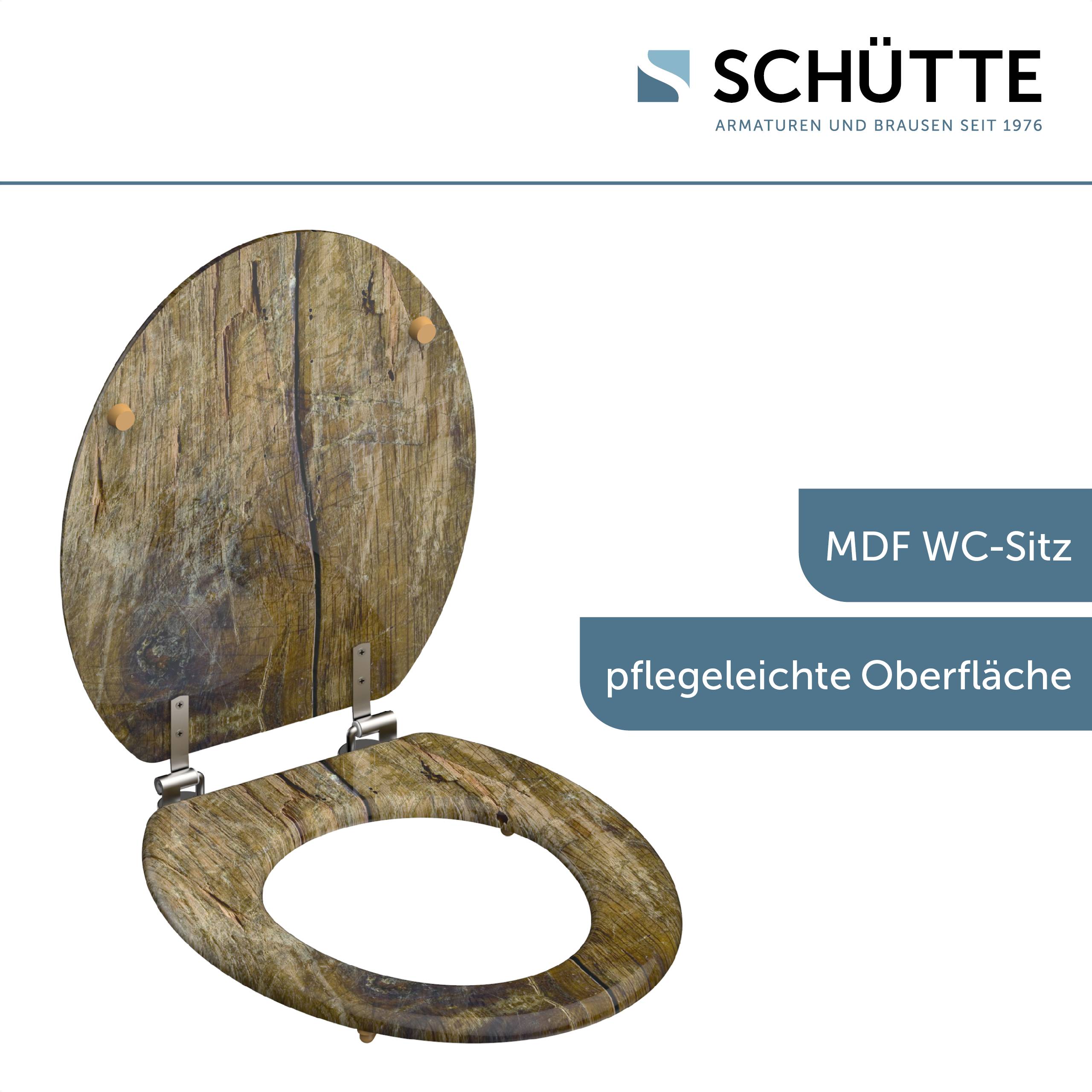 Ein MDF-Toilettensitz mit Holzoptik und einer Textüberlagerung, die besagt „pflegeleichte Oberfläche
