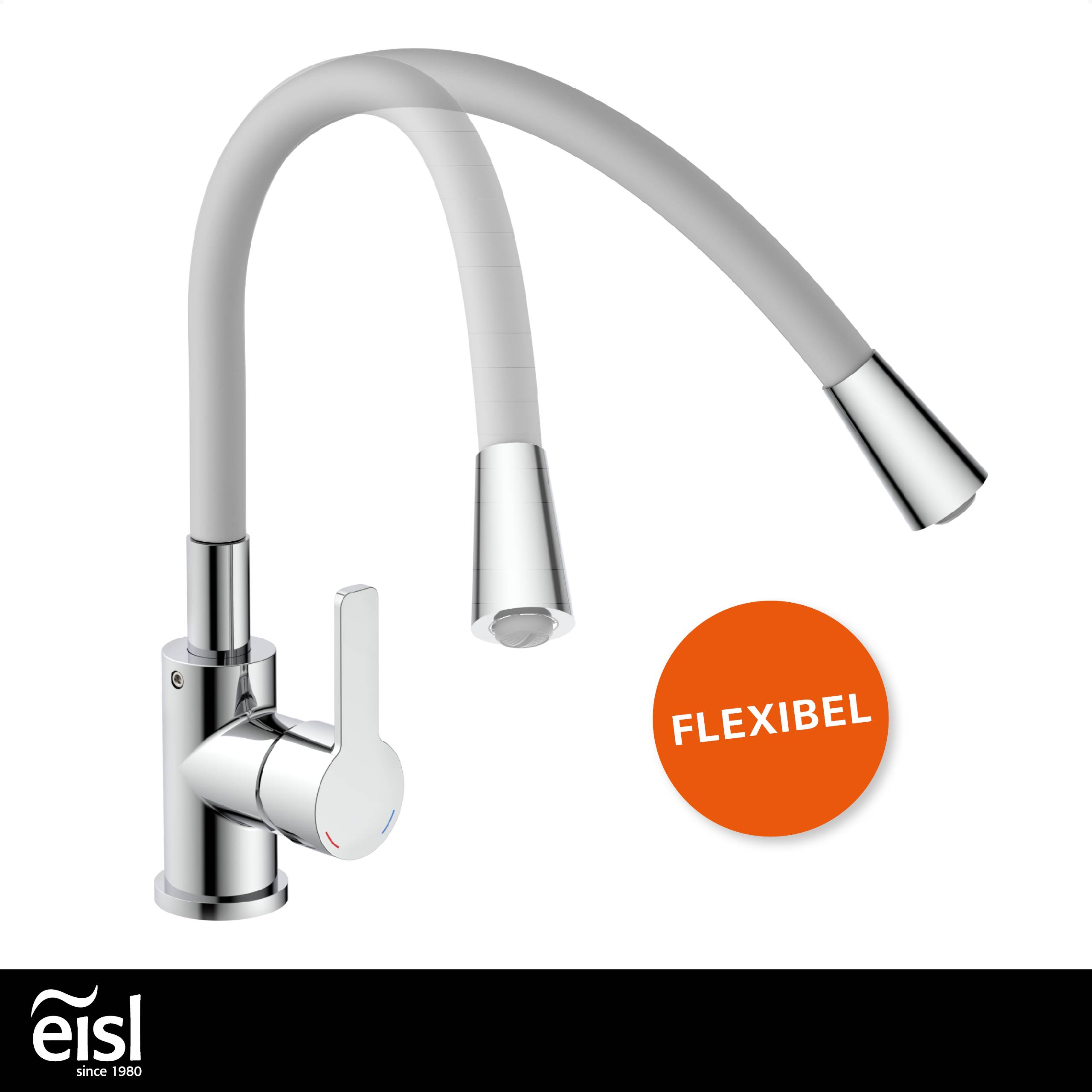 Ein moderner Küchenhahn mit flexiblem, geschwungenem Auslauf und Chrom-Finish. Orangefarbener Kreis hebt das Merkmal 'FLEXIBEL' im Text hervor.