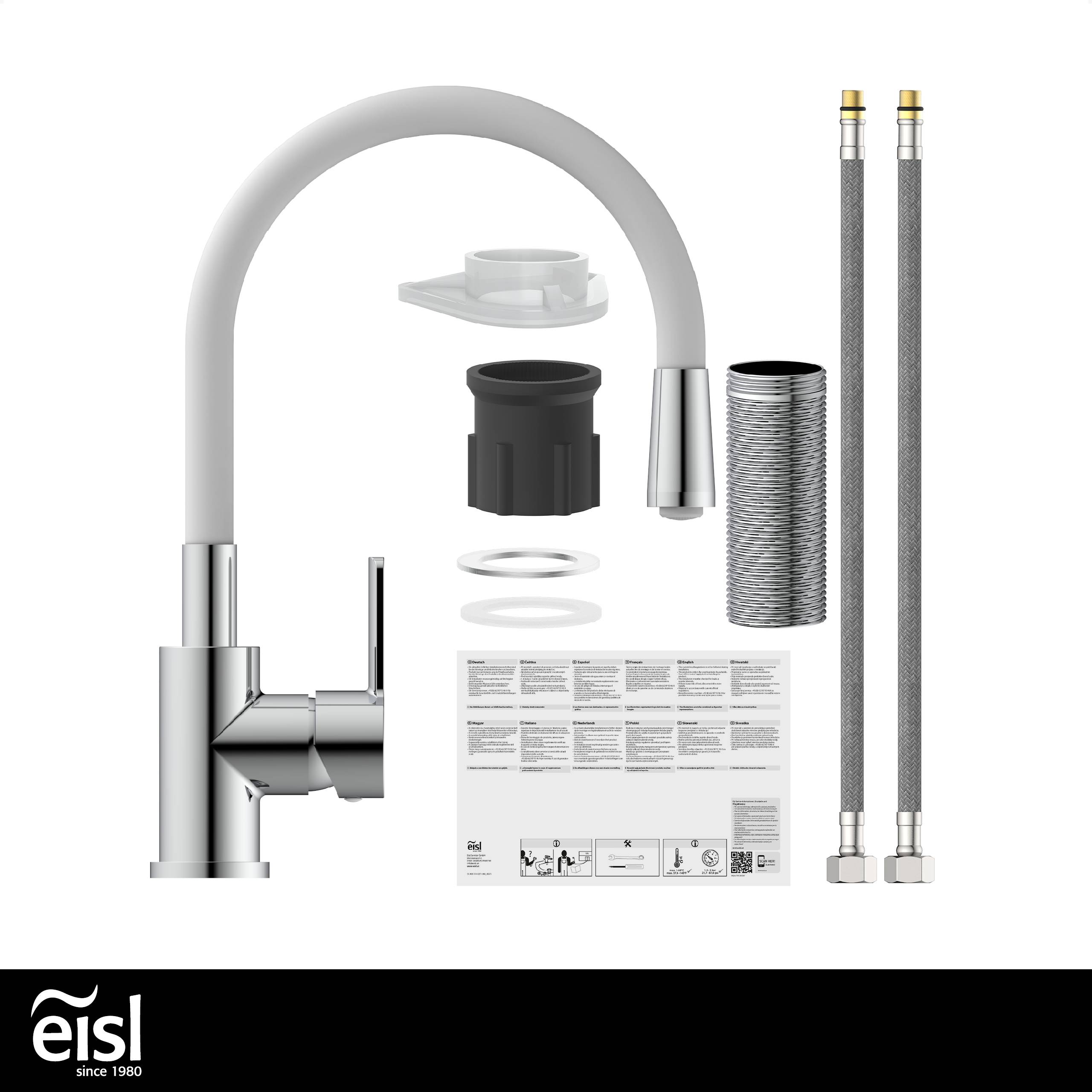 Silberne Küchenarmatur-Montage-Set enthält Wasserhahn, Schläuche, Befestigungsmaterial und Anleitung. Markenlogo 