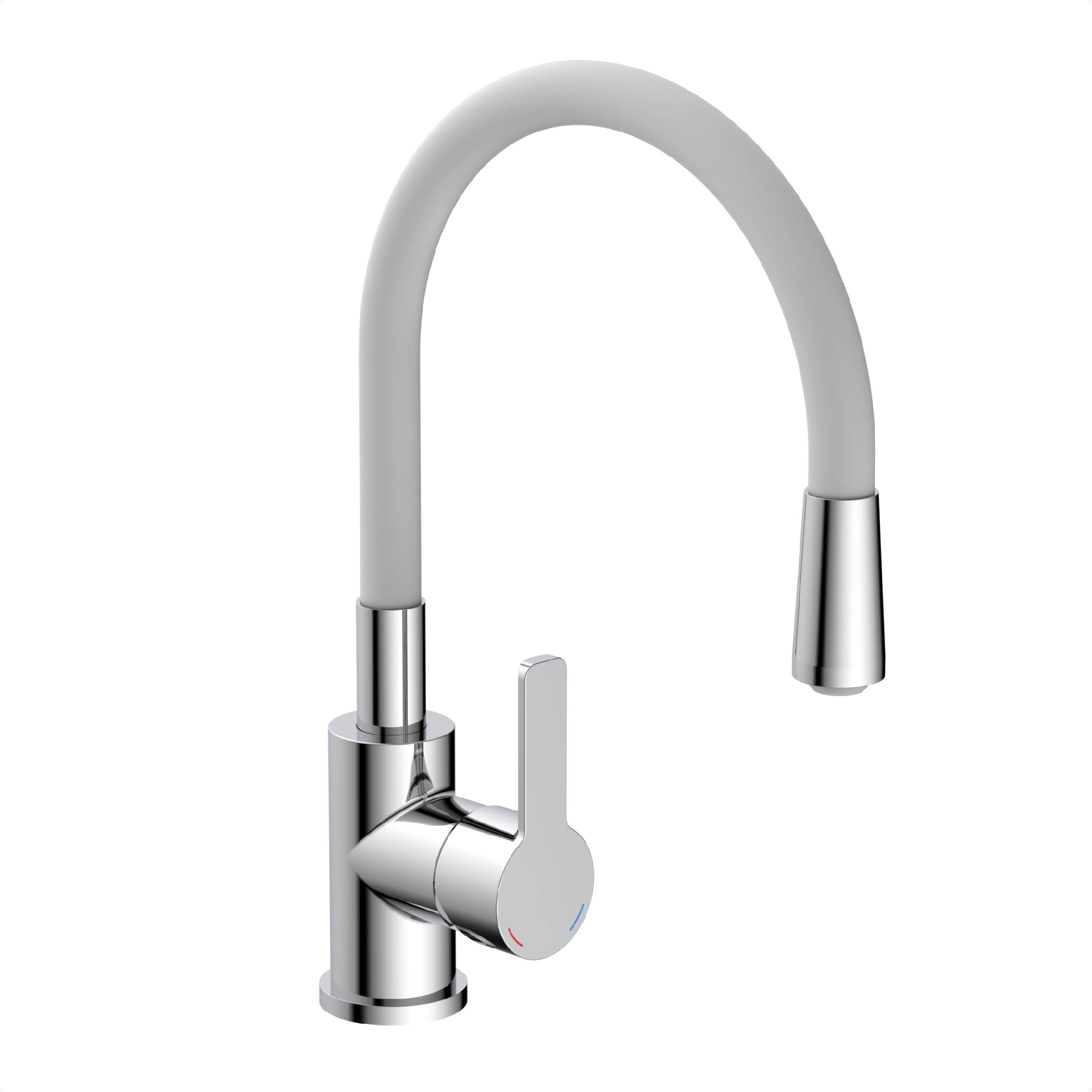 Ein schlanker, moderner Küchenhahn mit hohem, geschwungenem Auslauf und einem Einhandhebel zur einfachen Regulierung von Wassertemperatur und -durchfluss.