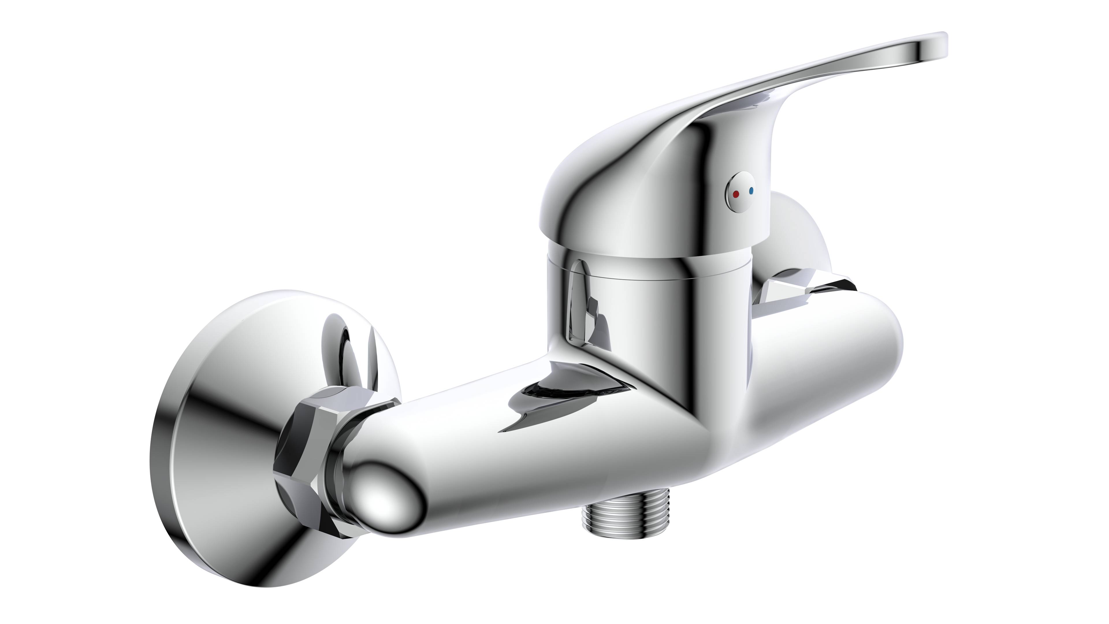 Eine moderne Chrom-Badezimmerarmatur mit einem einzelnen Hebel, montiert auf einem schwarzen Hintergrund. Die Armatur ist schlank und reflektierend.