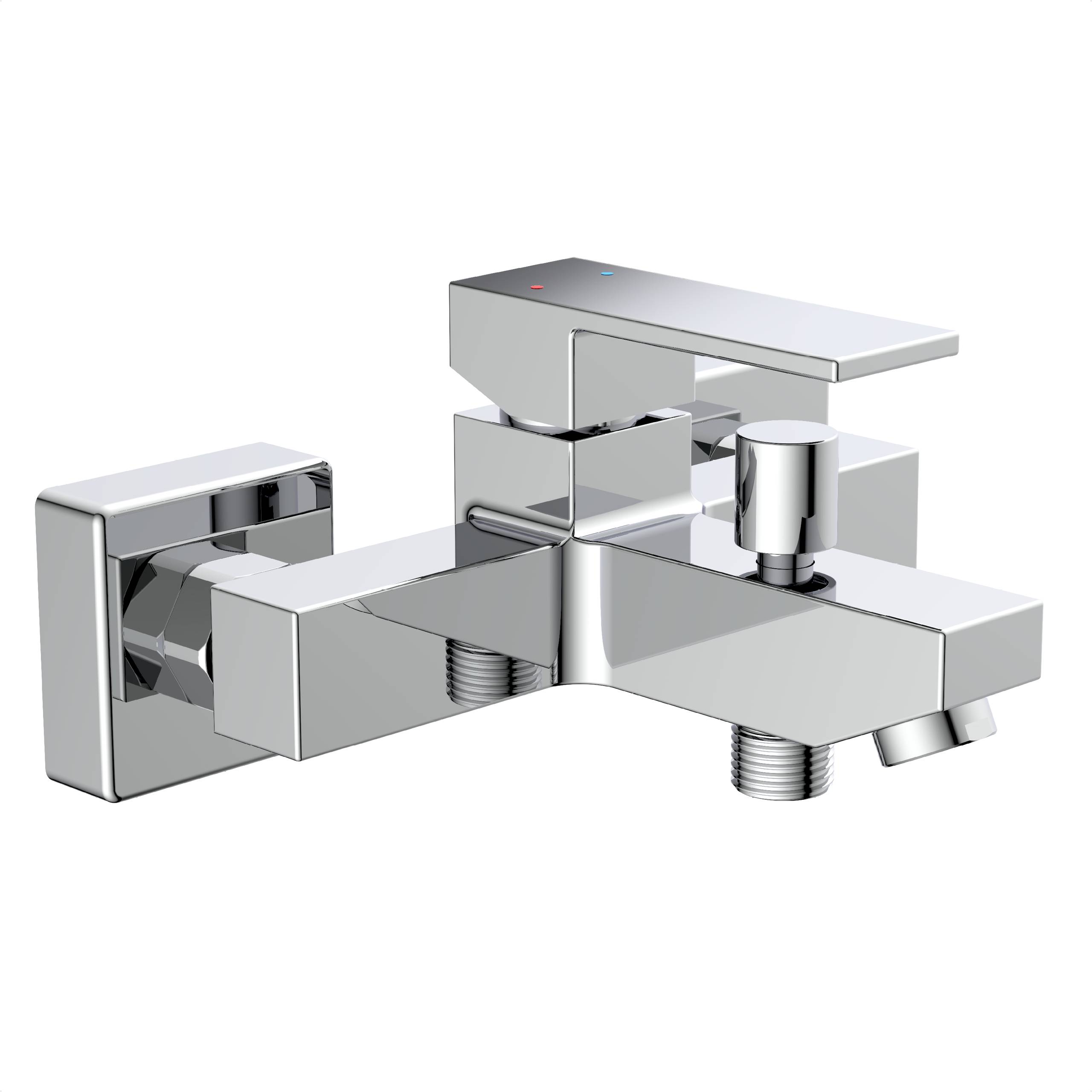 Ein moderner, verchromter Badezimmerarmatur mit Doppelgriffen und geometrischem Design, mit zentralem Auslauf und minimalistischem Stil.