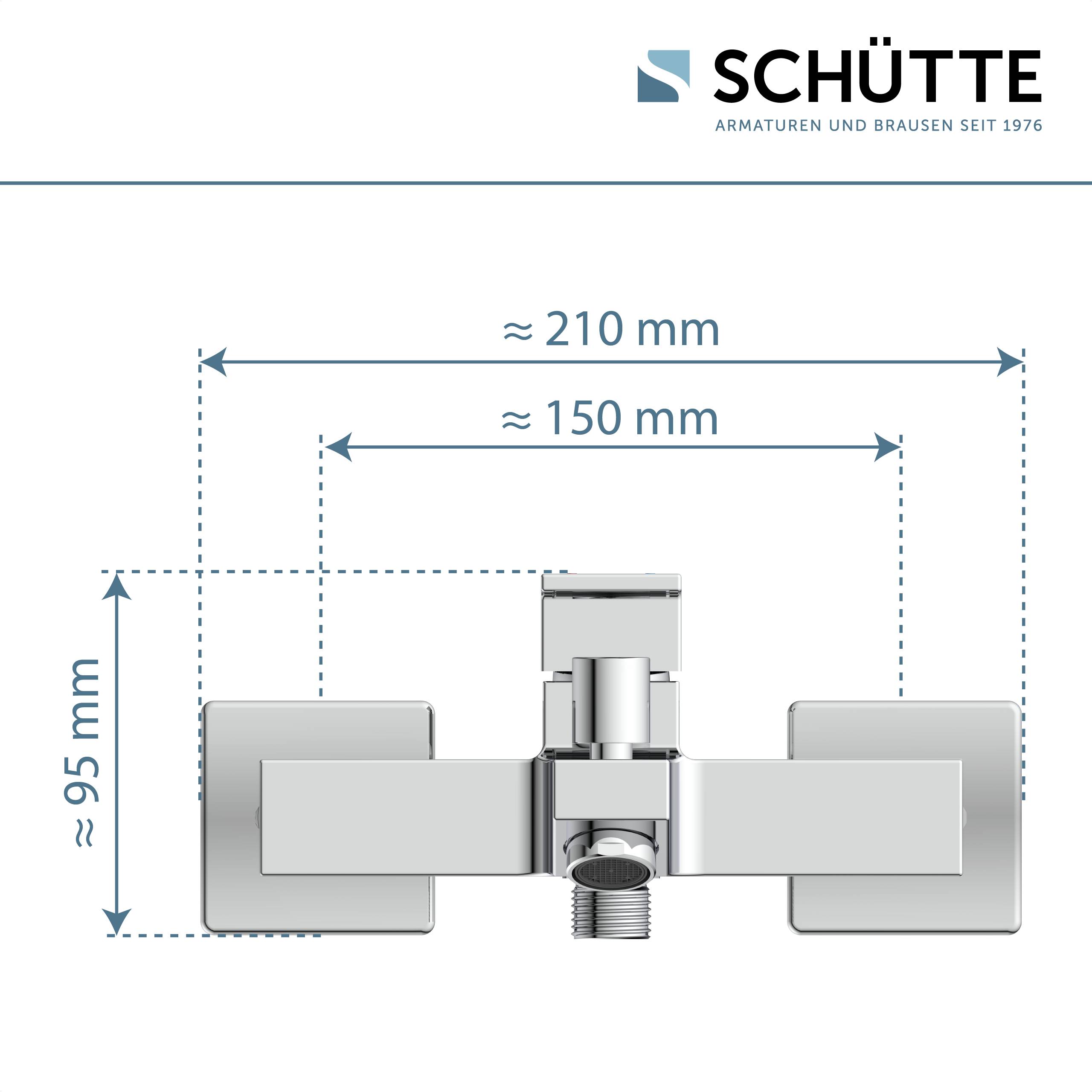 Eine Skizze, die einen Wasserhahn mit Maßangaben zeigt: Breite circa 210 mm, Länge circa 150 mm und Höhe circa 95 mm.