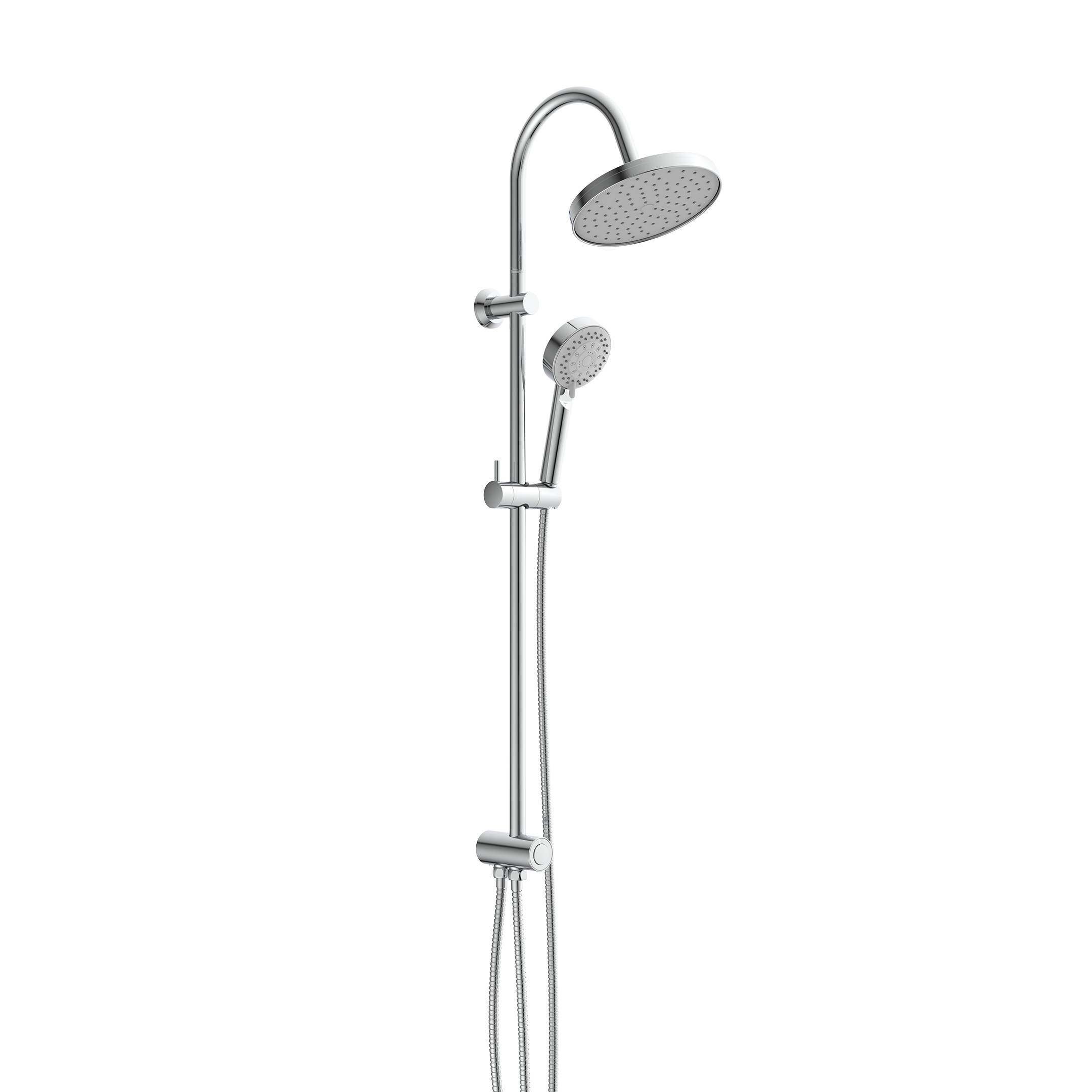 Chrom-Duschset mit Decken-Regenfallduschkopf, tragbarer Sprühbrause und verstellbarer Schiene auf schwarzem Hintergrund.