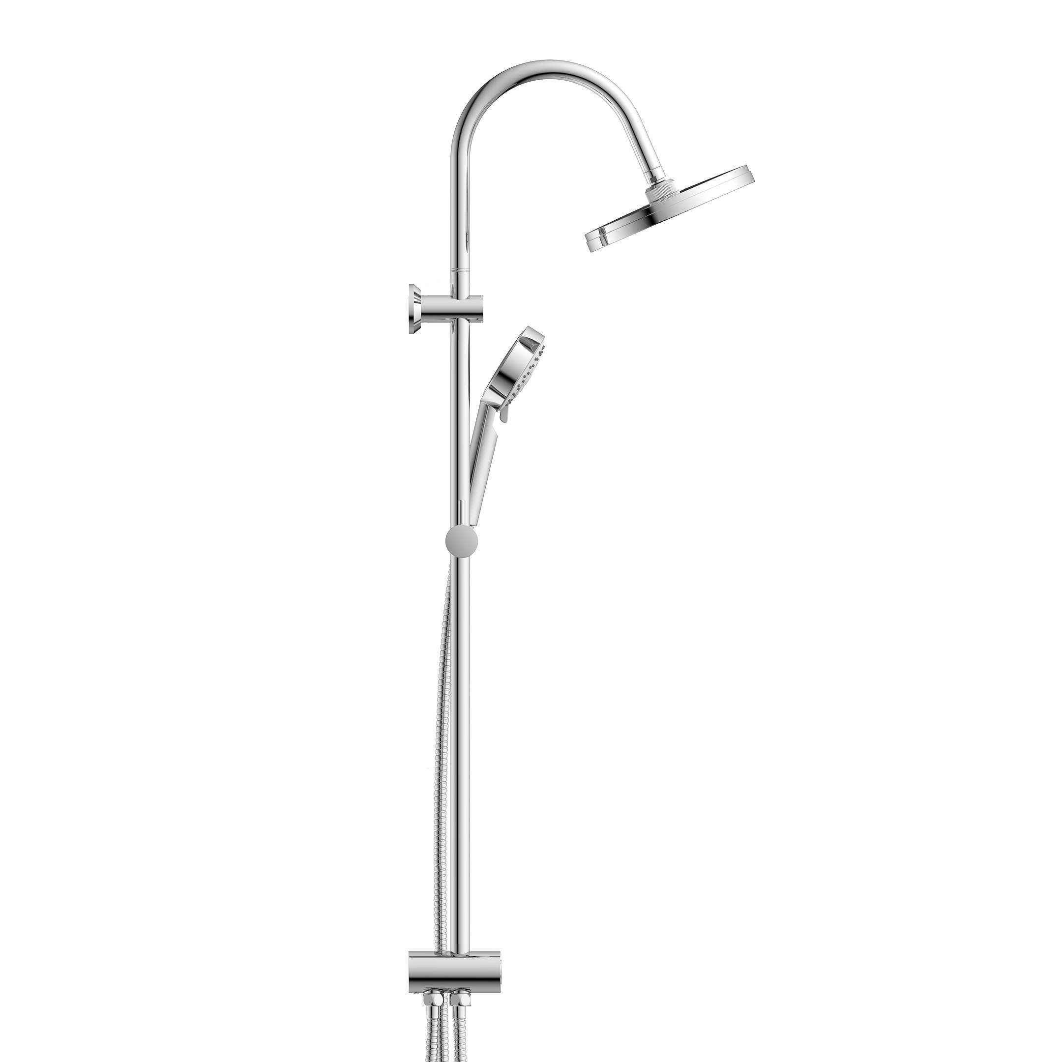 Chrom-Duscharmatur mit Kopfbrause und tragbarem Handbrausekopf auf schwarzem Hintergrund.