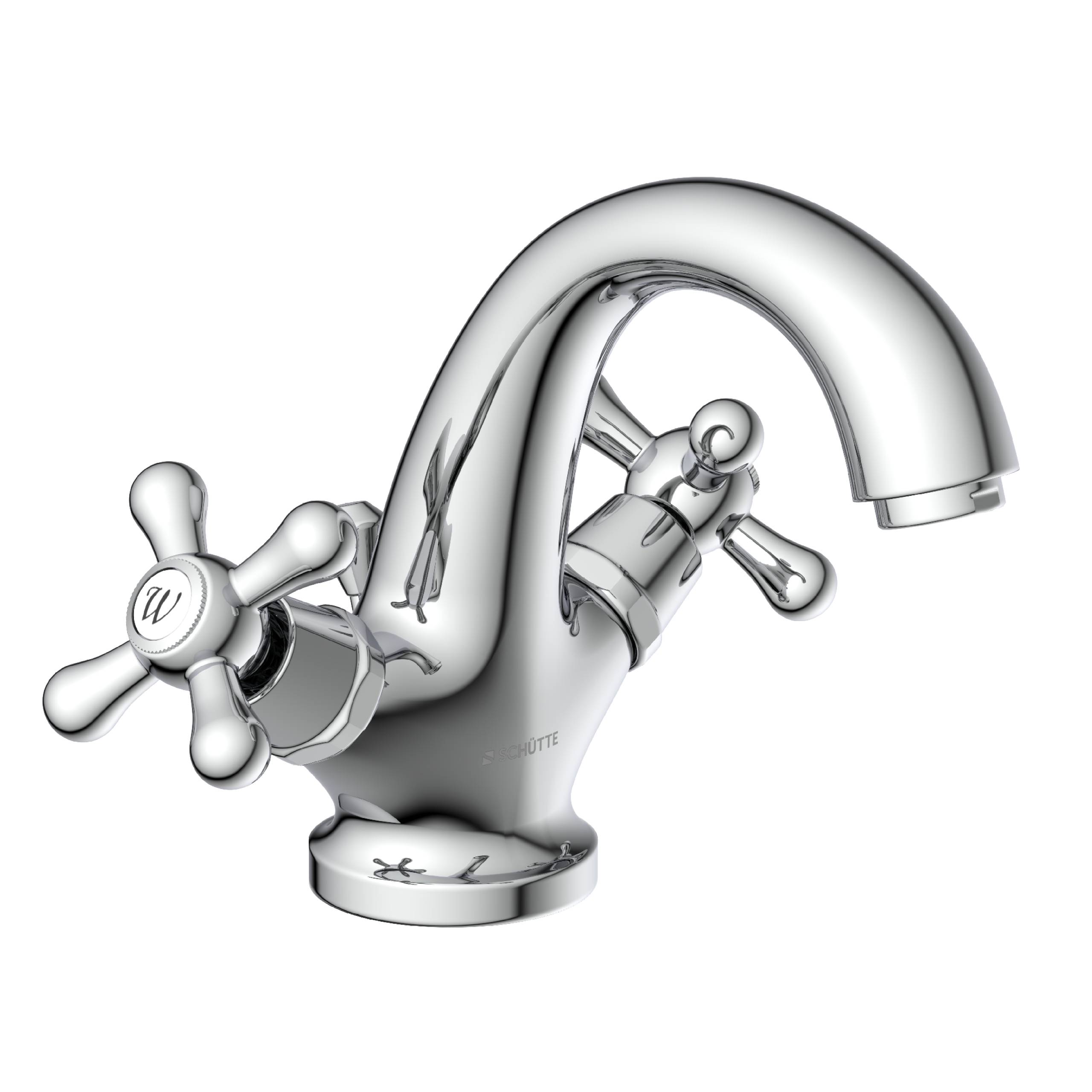 Ein glänzender verchromter Wasserhahn mit zwei Kreuzgriffen, einer mit „H