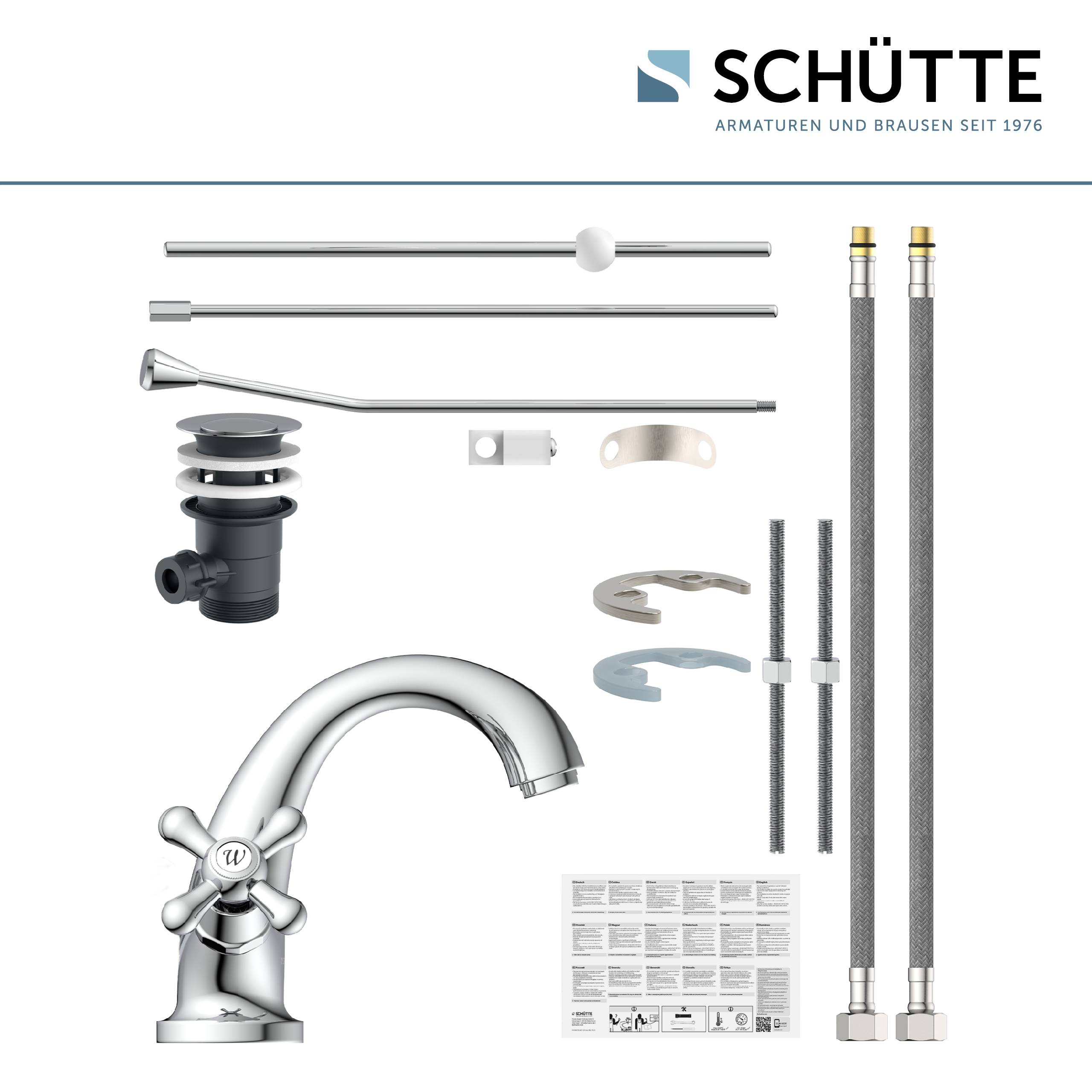 Schütte Armaturenkit-Komponenten', einschließlich Armaturenkörper, Griffe, Schläuche und Installationsteile ordnungsgemäß angeordnet. Das Markenlogo lautet 'SCHÜTTE'.