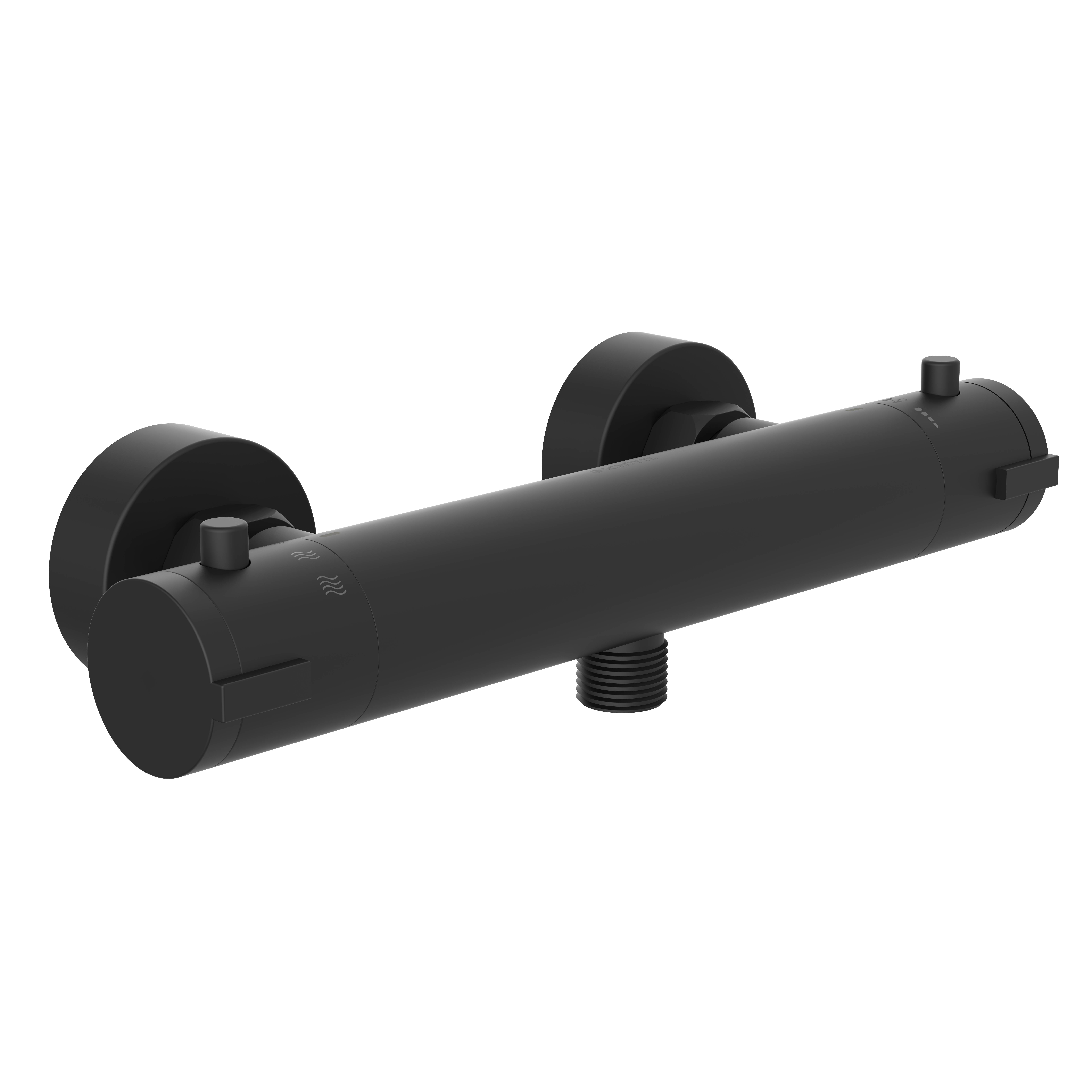 Ein matter schwarzer zylindrischer Dusch-Thermostatmischer mit zwei Knöpfen an jedem Ende, an einer Wand vor schwarzem Hintergrund montiert.