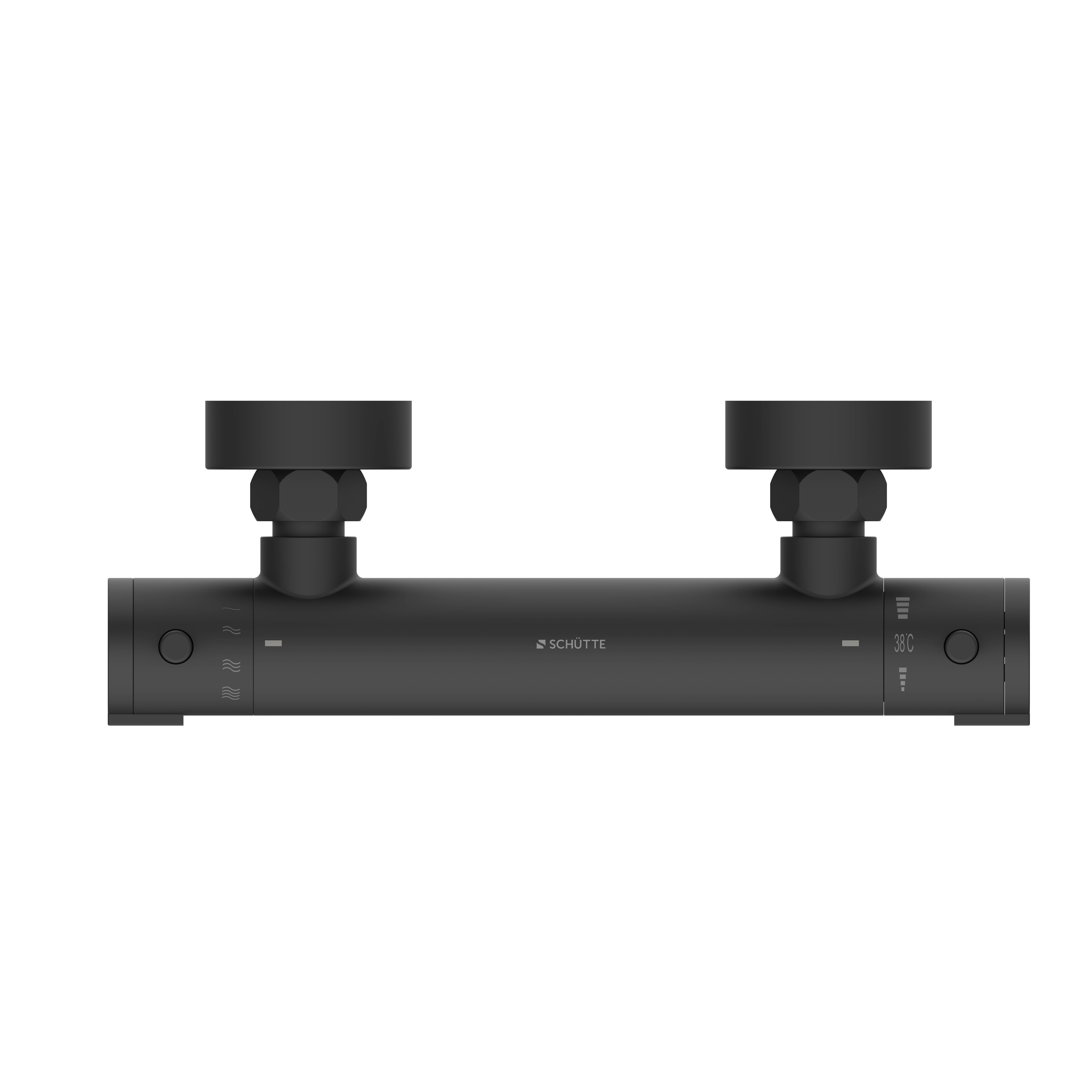 Ein matter schwarzes, modernes Duschthermosthat mit zwei runden Griffen und einem digitalen Display in der Mitte, entwickelt für präzise Temperaturkontrolle.