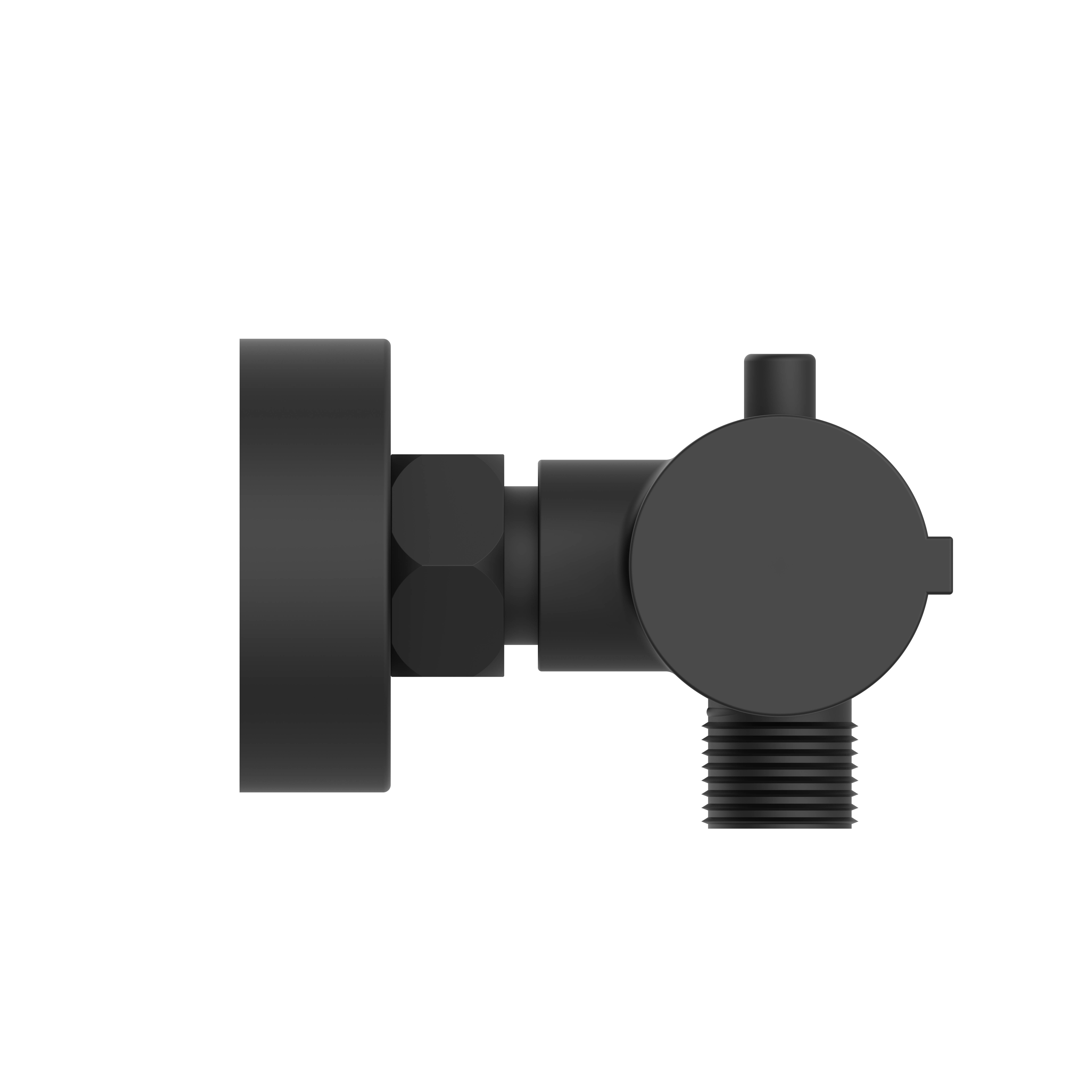 Eine schwarze, seitliche Ansicht eines runden Ventils mit zylindrischem Griff und Gewinderohranschluss vor dunklem Hintergrund.