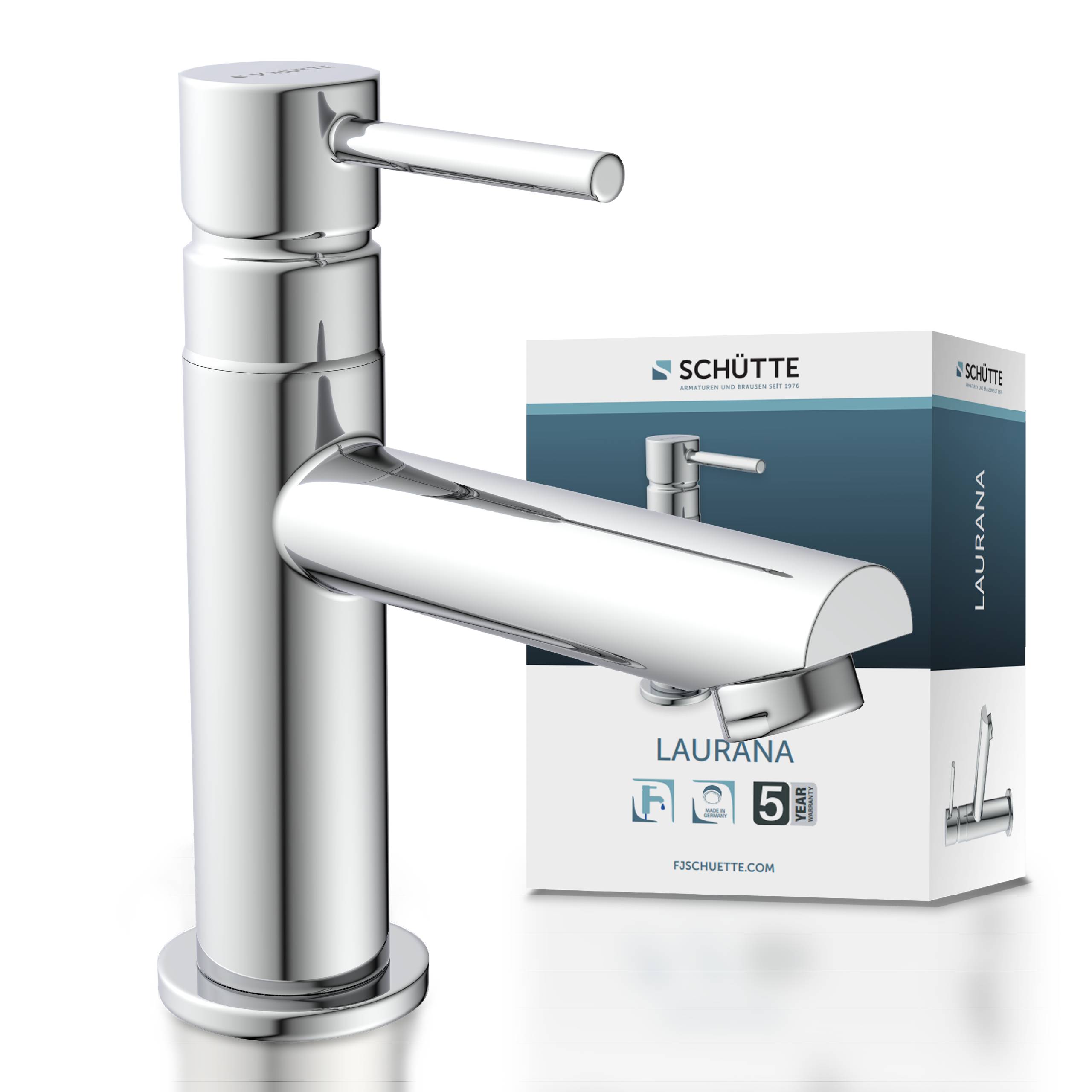 Einhebel-Badezimmerhahn aus Chrom, neben seiner Produktschachtel mit den Bezeichnungen 