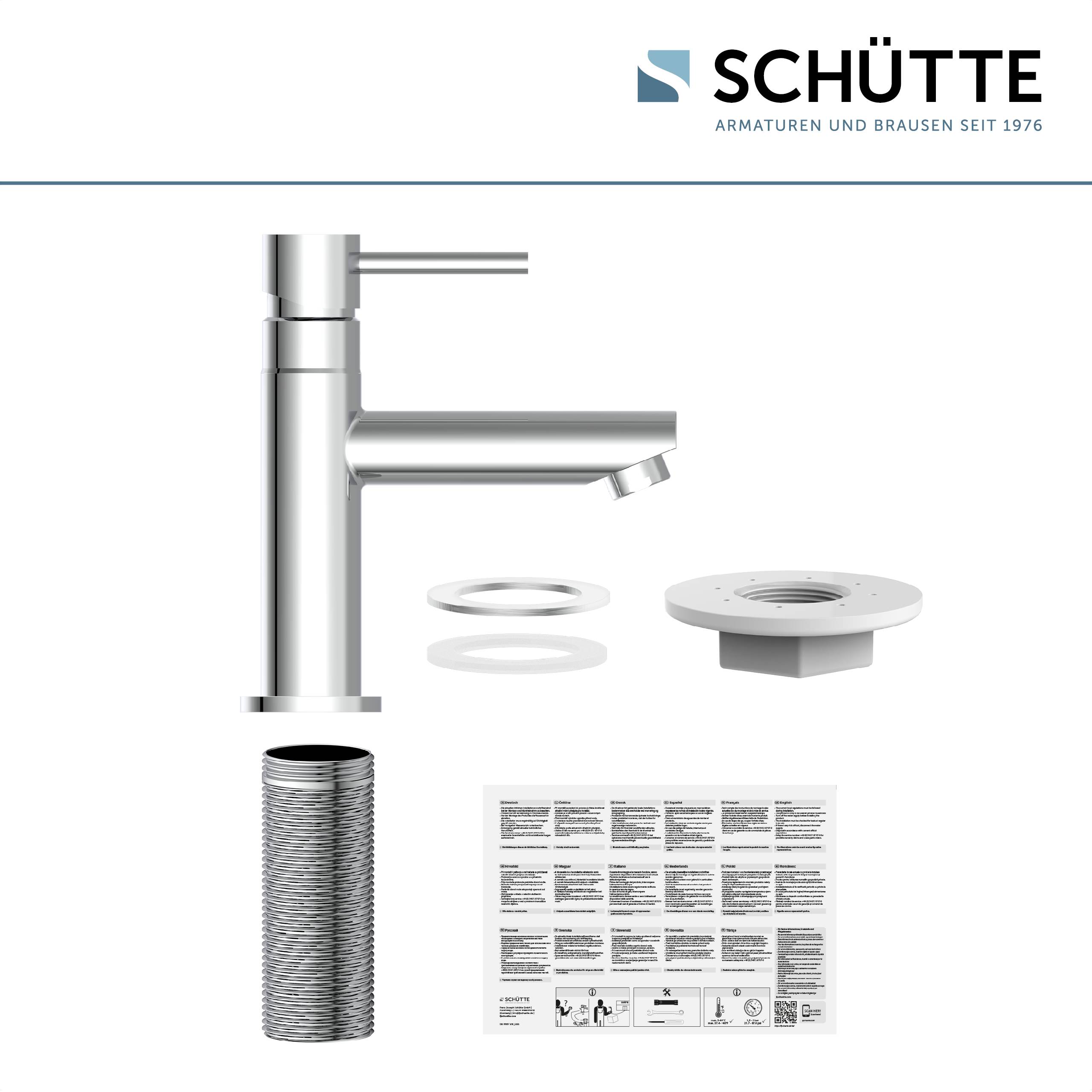 Diagramm der Schütte-Armaturenmontagekomponenten und Teilebeschreibungen. Enthält Armaturenkörper, Unterlegscheiben, Schlauch und Installationsanleitung.